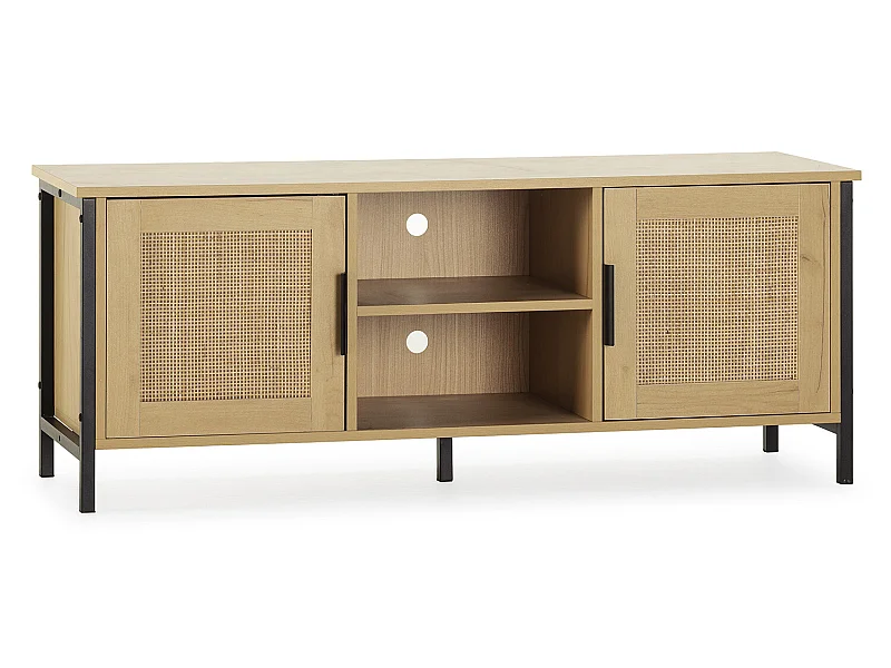 Kolumna TV Cruz 2 drzwi kolor dębu z naturalnym rattanem, 120 cm.