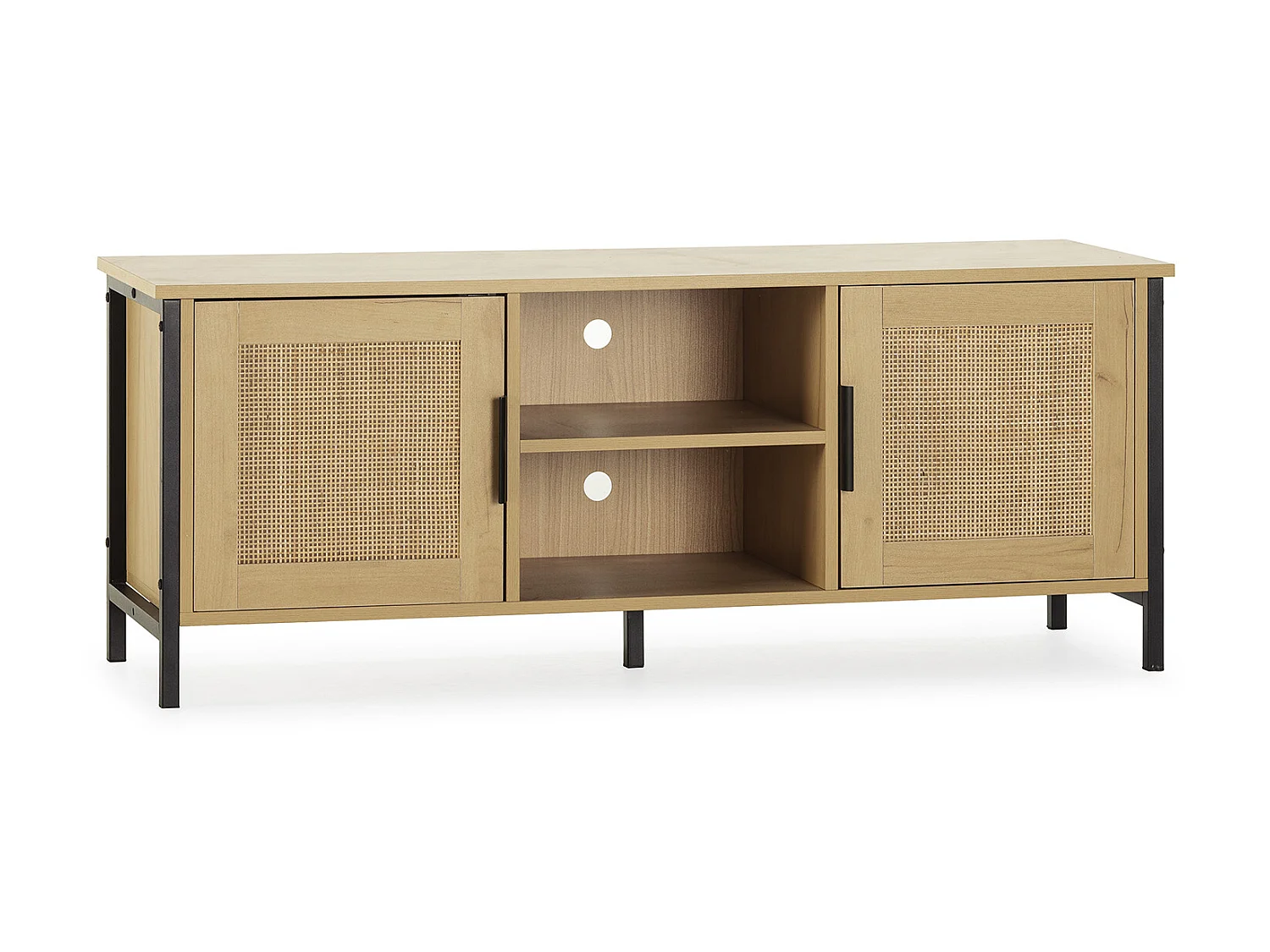Kolumna TV Cruz 2 drzwi kolor dębu z naturalnym rattanem, 120 cm.