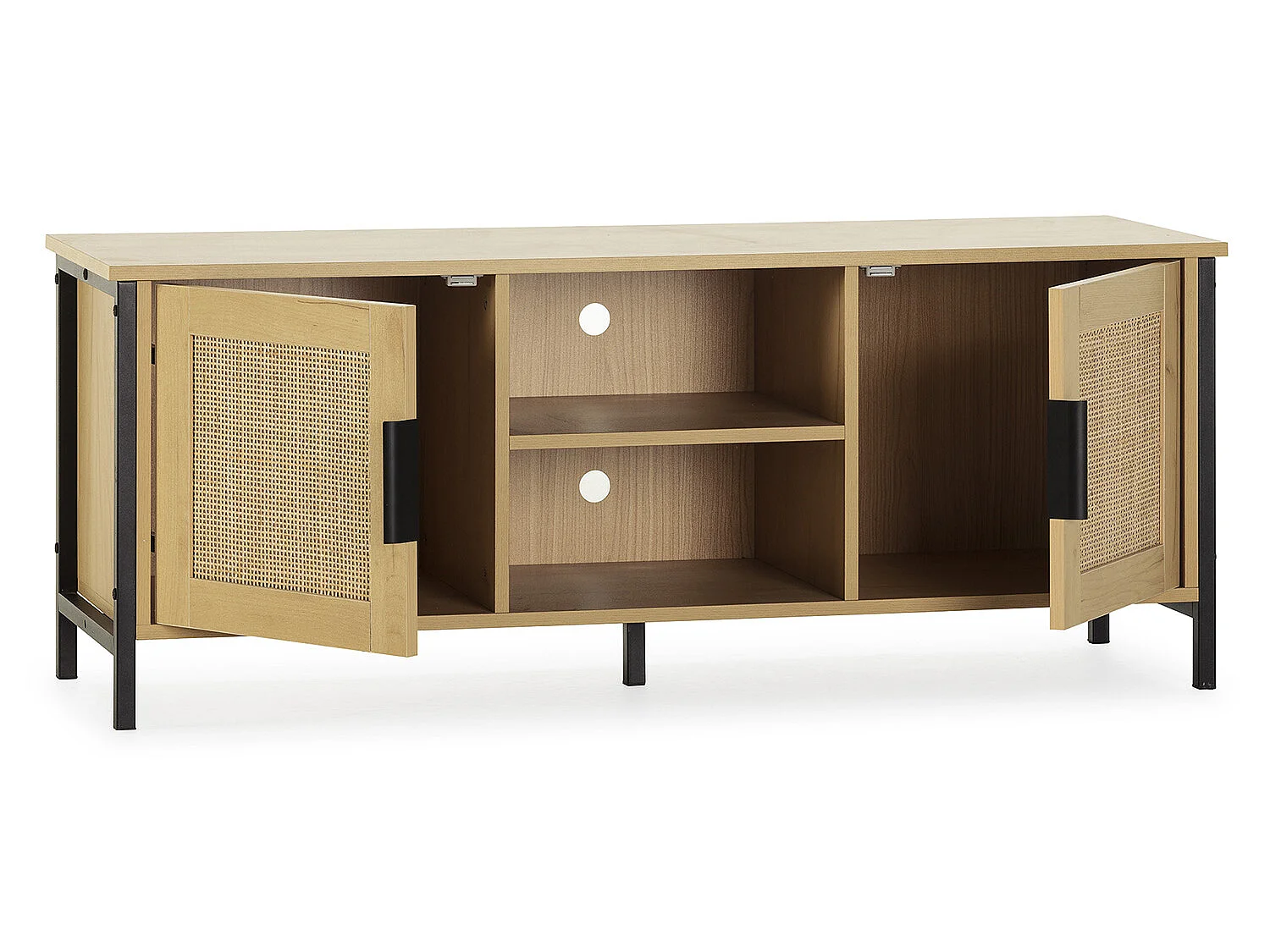 Meuble tv Cruz 2 portes couleur chêne avec rotin naturel, 120 cm