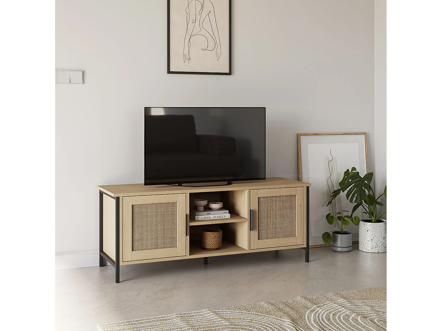 Meuble tv Cruz 2 portes couleur chêne avec rotin naturel, 120 cm