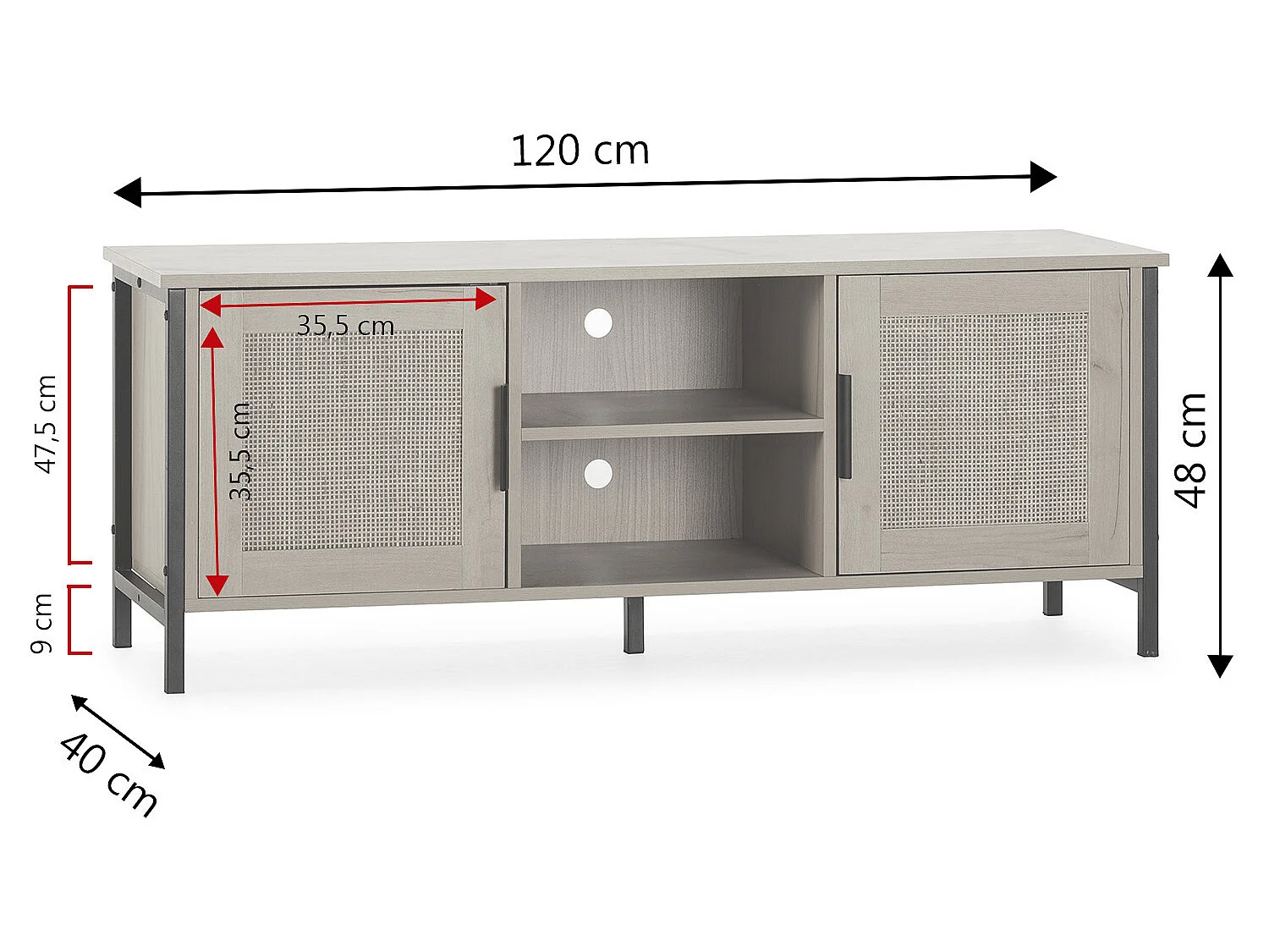 Meuble tv Cruz 2 portes couleur chêne avec rotin naturel, 120 cm
