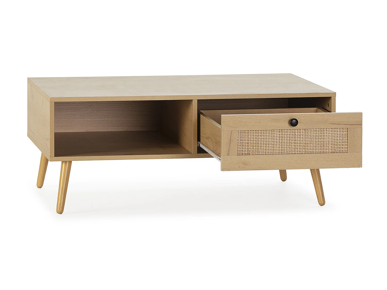 Salontafel Bella met 1 lade in eiken kleur met natuurlijk riet.