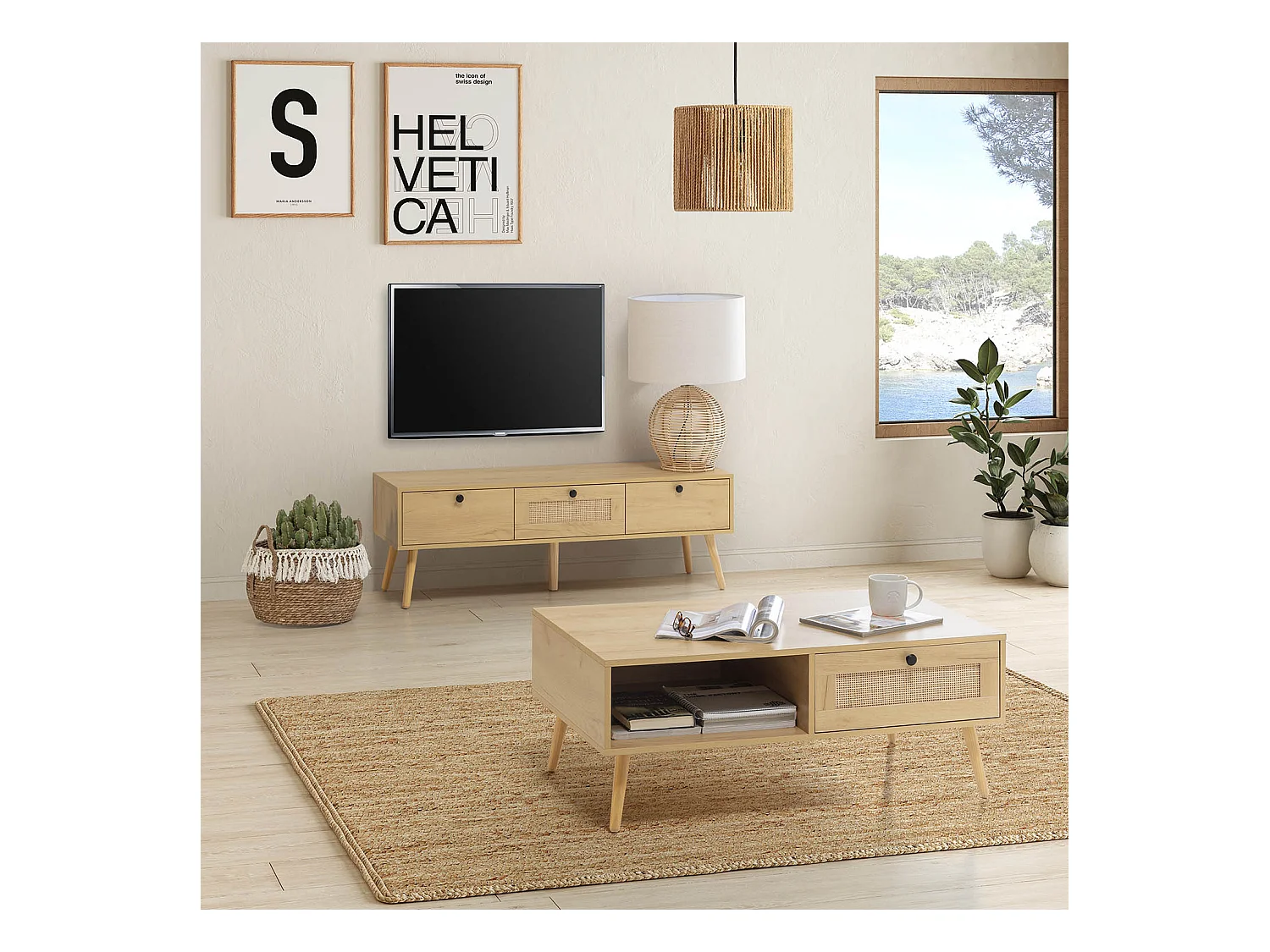 Salontafel Bella met 1 lade in eiken kleur met natuurlijk riet.