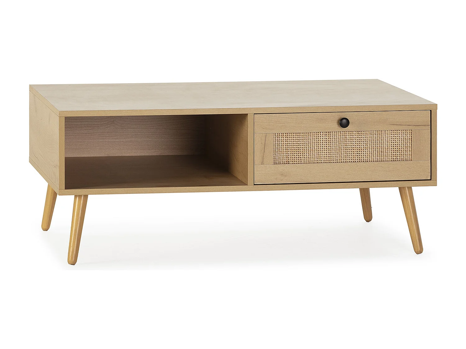 Mesa de centro Bella 1 gaveta cor de carvalho com ratã natural.