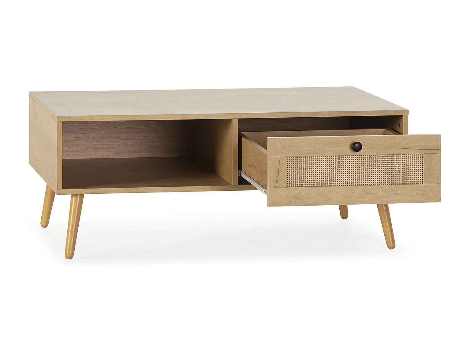 Mesa de centro Bella 1 gaveta cor de carvalho com ratã natural.