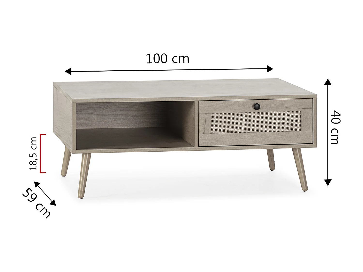 Mesa de centro Bella 1 gaveta cor de carvalho com ratã natural.