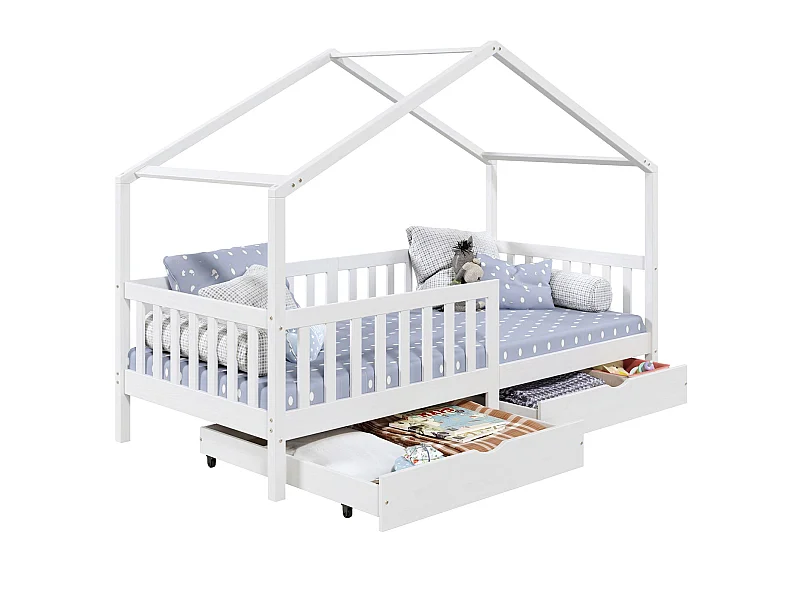 Lit cabane ELEA lit enfant simple montessori 90 x 190 cm, avec 2 tiroirs de rangement, en pin massif lasuré blanc