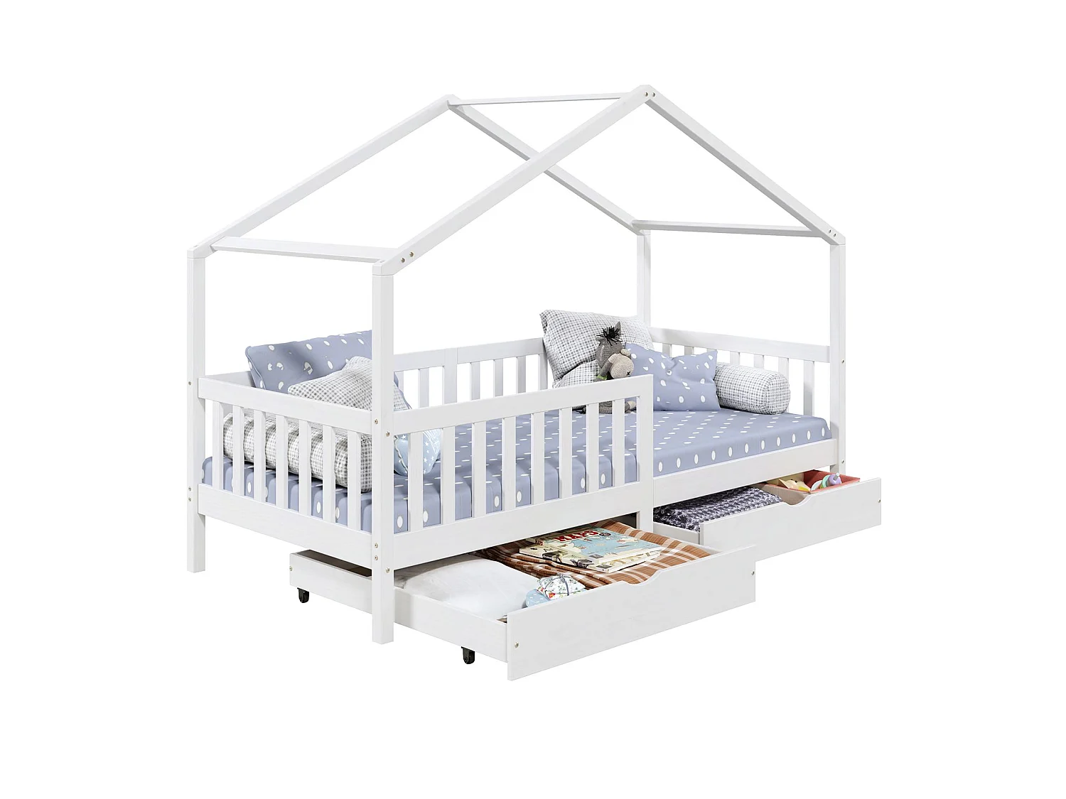 Lit cabane ELEA lit enfant simple montessori 90 x 190 cm, avec 2 tiroirs de rangement, en pin massif lasuré blanc