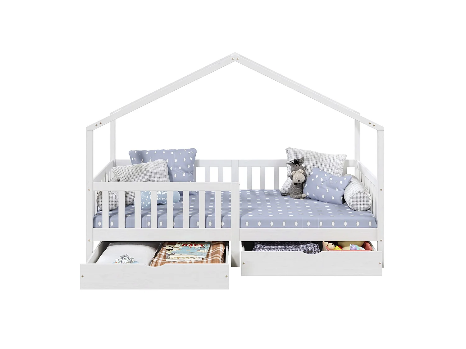 Lit cabane ELEA lit enfant simple montessori 90 x 190 cm, avec 2 tiroirs de rangement, en pin massif lasuré blanc