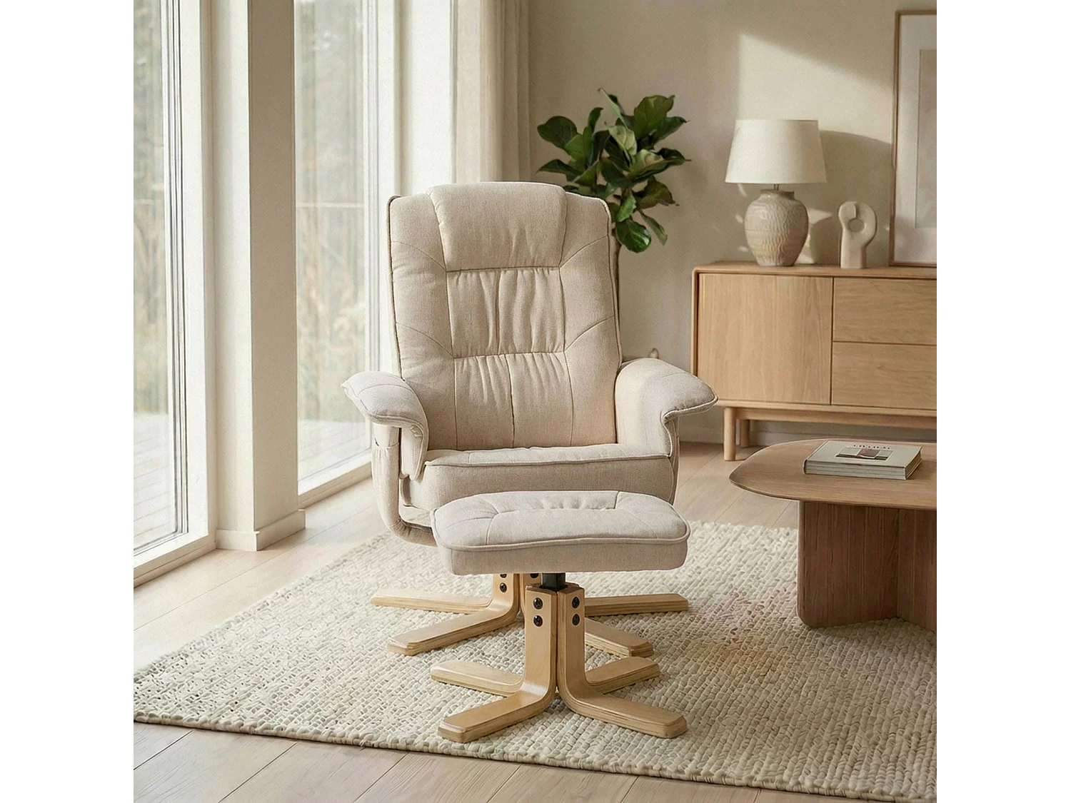 Fauteuil de relaxation CHARLY avec repose-pieds pouf siège pivotant dossier inclinable assise rembourrée relax, en tissu beige