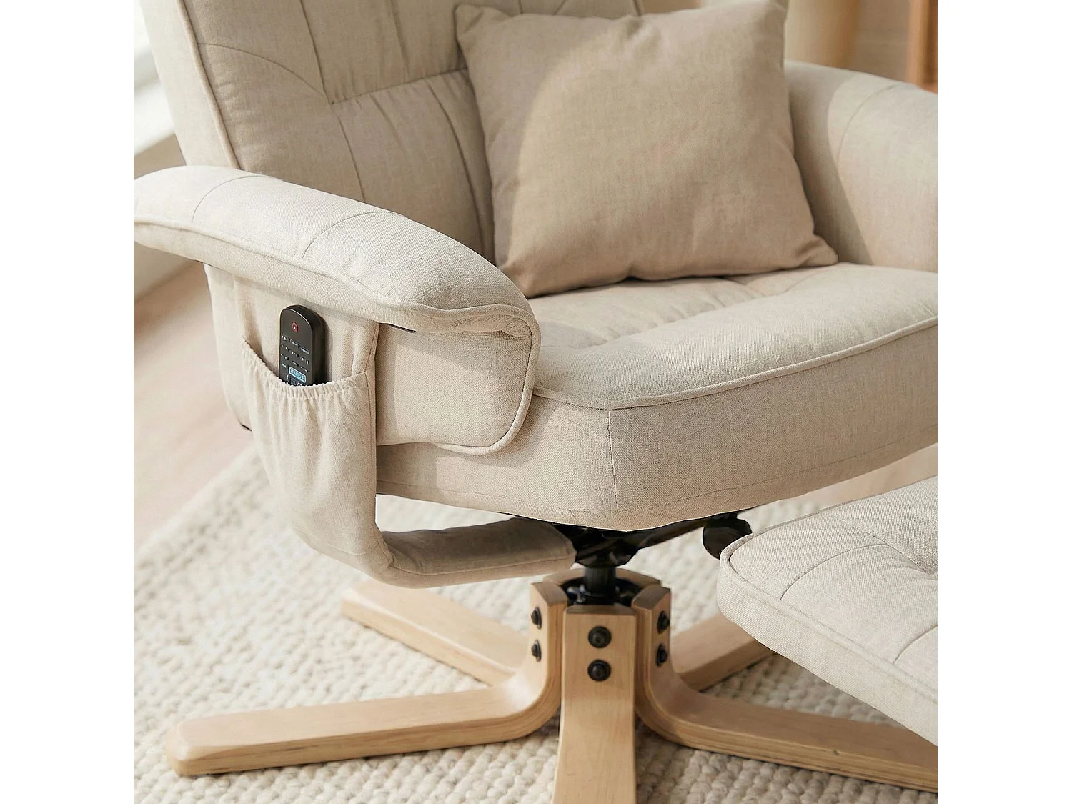 Fauteuil de relaxation CHARLY avec repose-pieds pouf siège pivotant dossier inclinable assise rembourrée relax, en tissu beige
