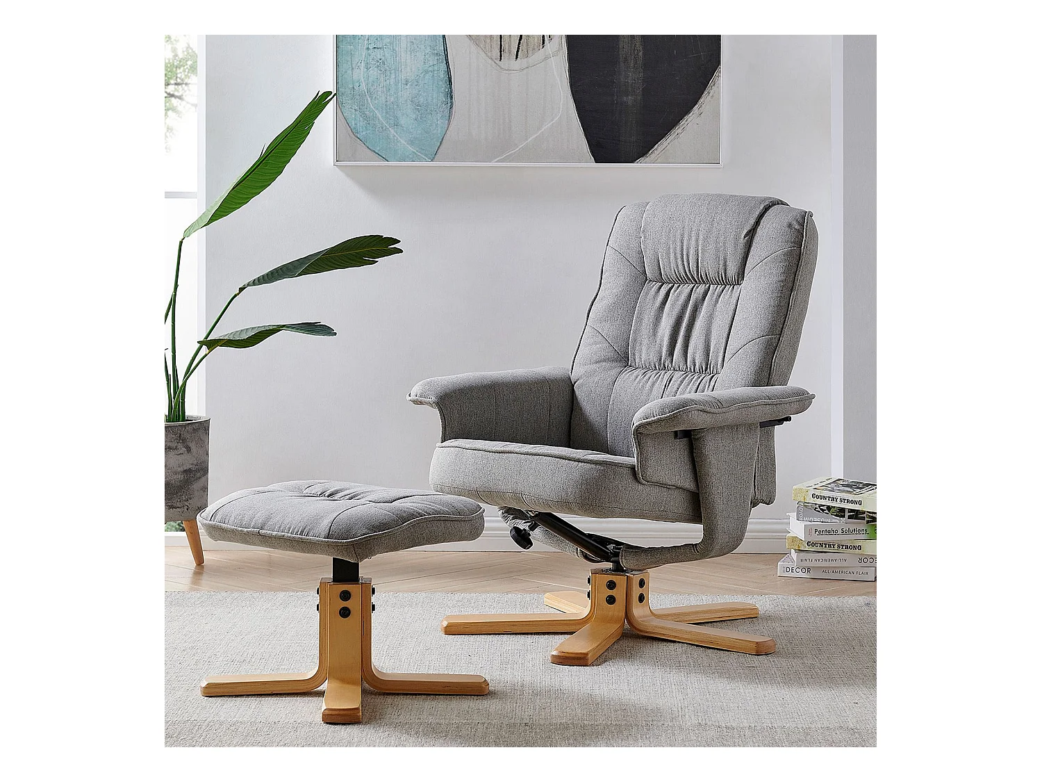 Fauteuil de relaxation CHARLY avec repose-pieds pouf siège pivotant dossier inclinable assise rembourrée relax, en tissu gris
