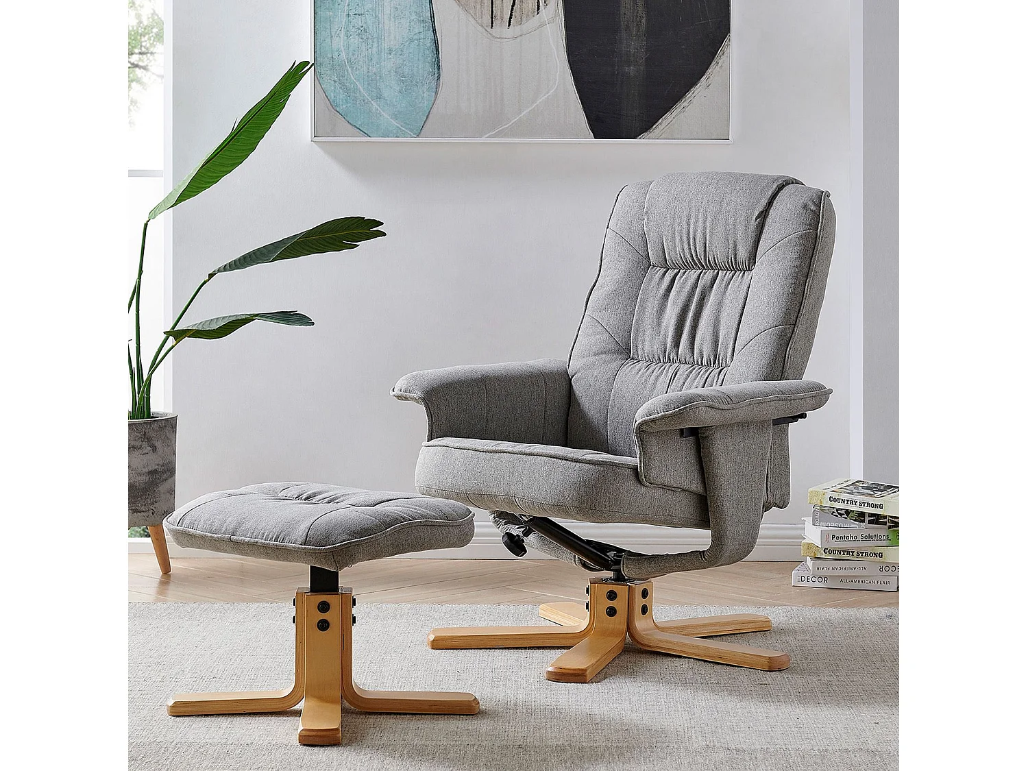 Fauteuil de relaxation CHARLY avec repose-pieds pouf siège pivotant dossier inclinable assise rembourrée relax, en tissu gris