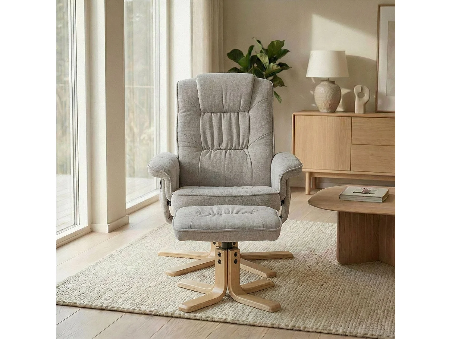 Fauteuil de relaxation CHARLY avec repose-pieds pouf siège pivotant dossier inclinable assise rembourrée relax, en tissu gris