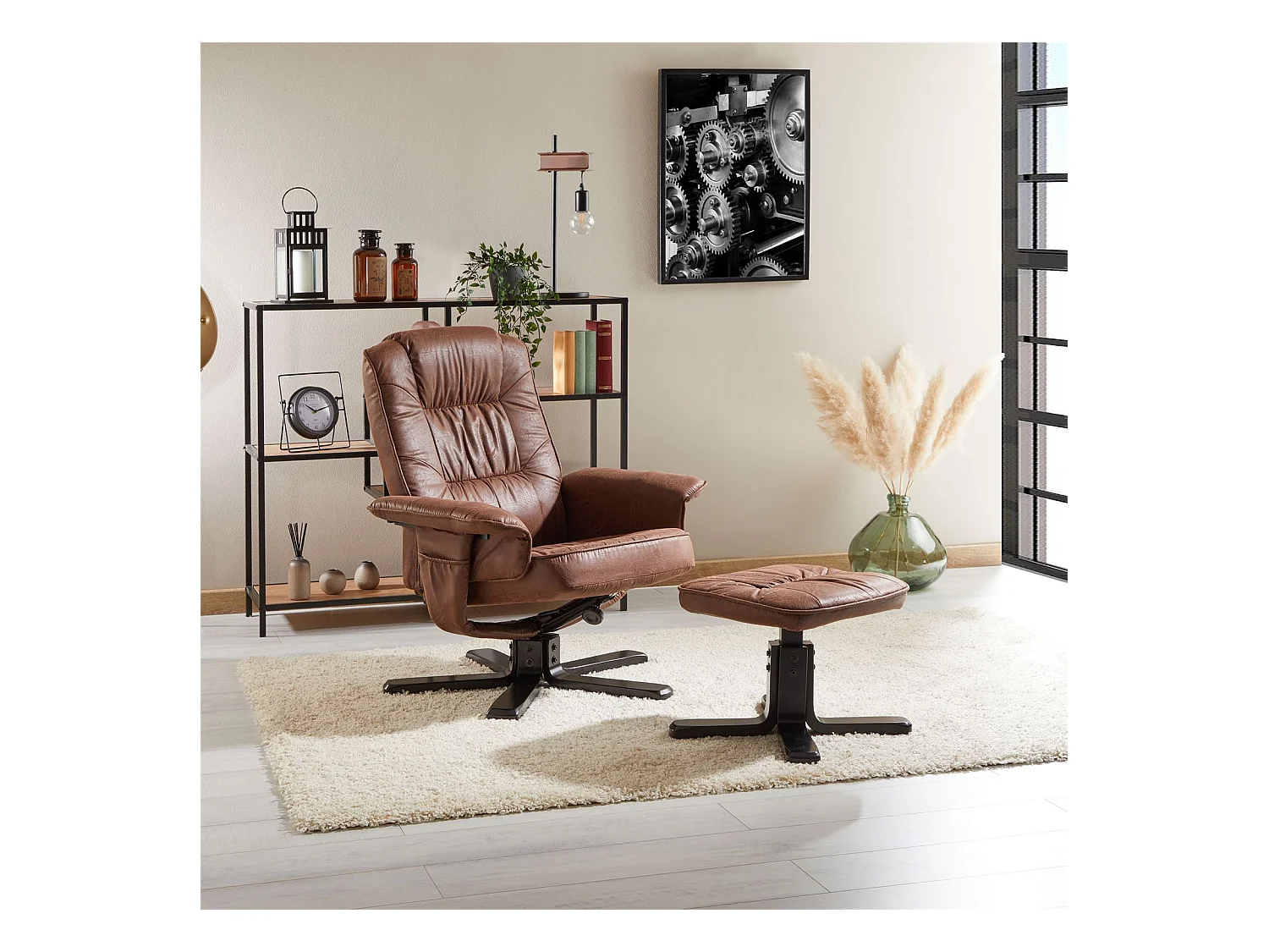 Fauteuil de relaxation CHARLY repose-pieds siège pivotant dossier inclinable assise rembourrée, en tissu vintage brun pieds noirs