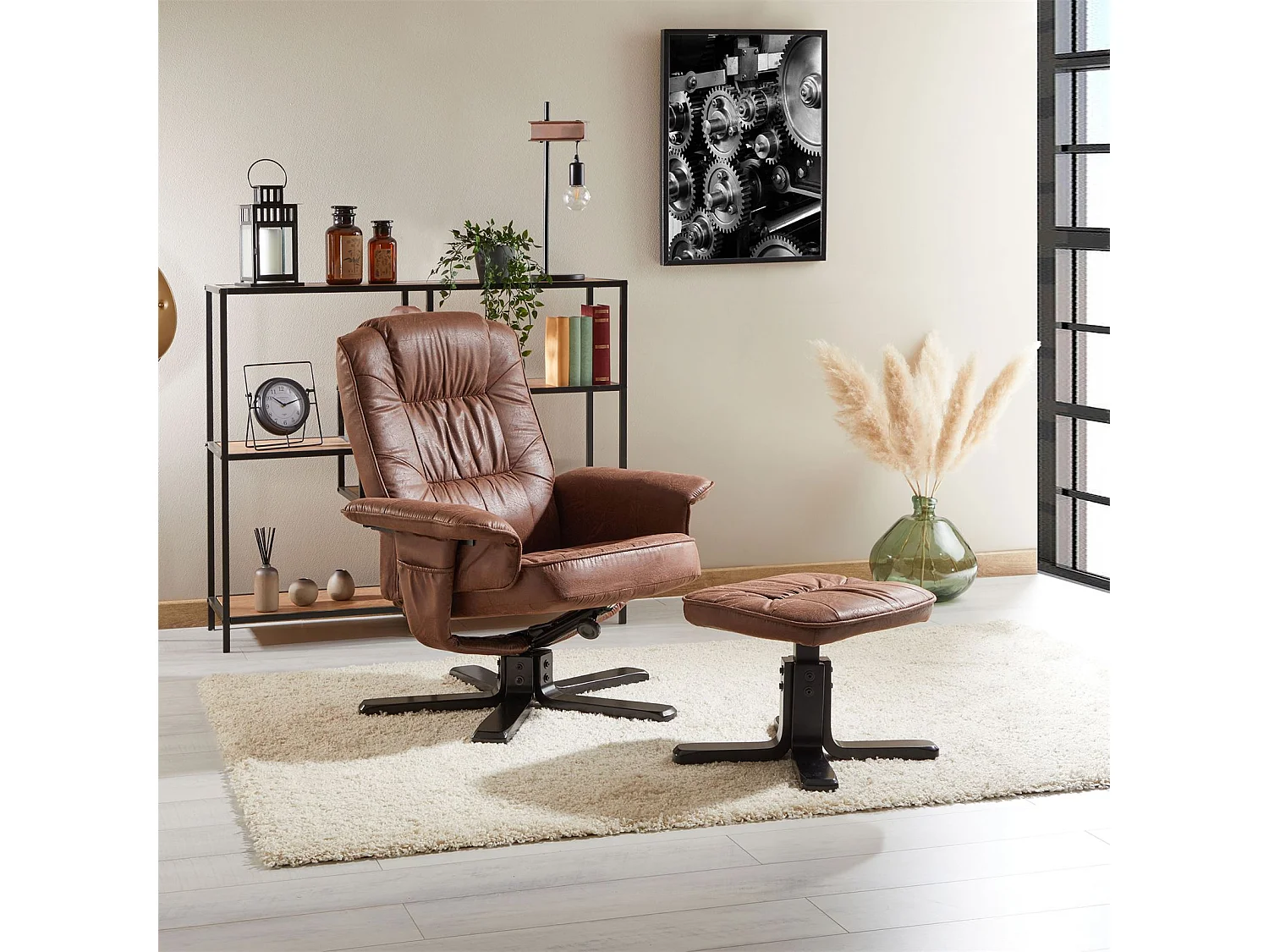 Fauteuil de relaxation CHARLY repose-pieds siège pivotant dossier inclinable assise rembourrée, en tissu vintage brun pieds noirs