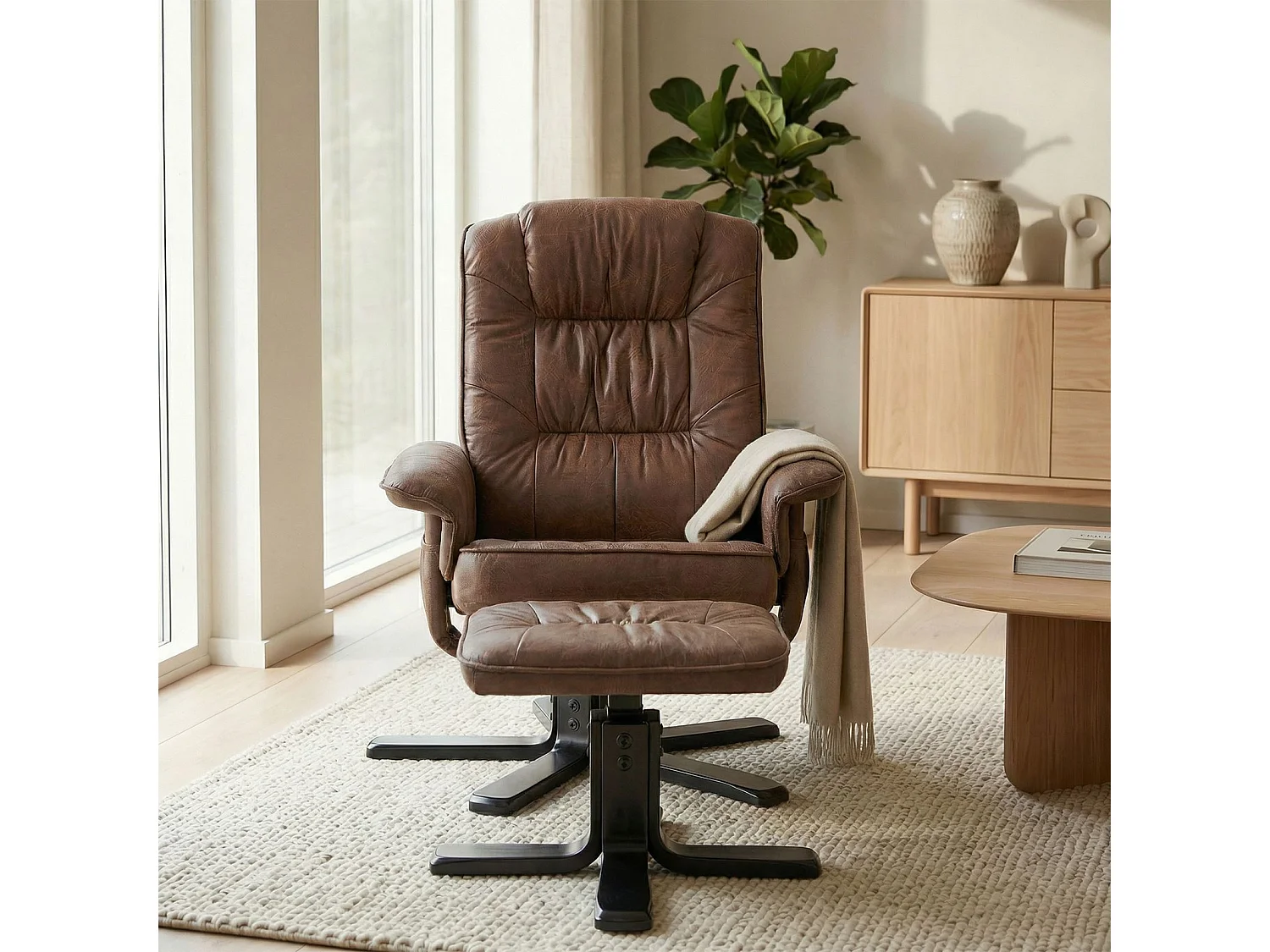 Fauteuil de relaxation CHARLY repose-pieds siège pivotant dossier inclinable assise rembourrée, en tissu vintage brun pieds noirs