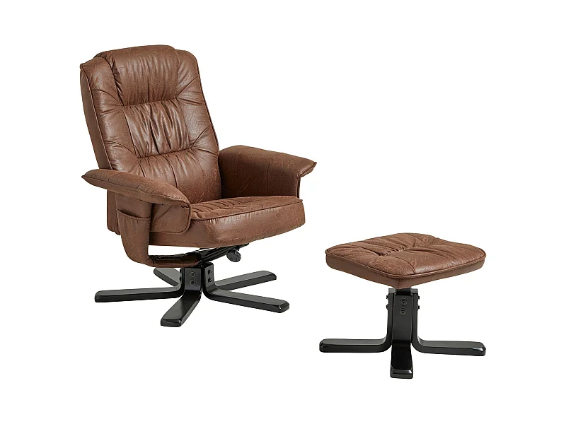 Fauteuil de relaxation CHARLY repose-pieds siège pivotant dossier inclinable assise rembourrée, en tissu vintage brun pieds noirs