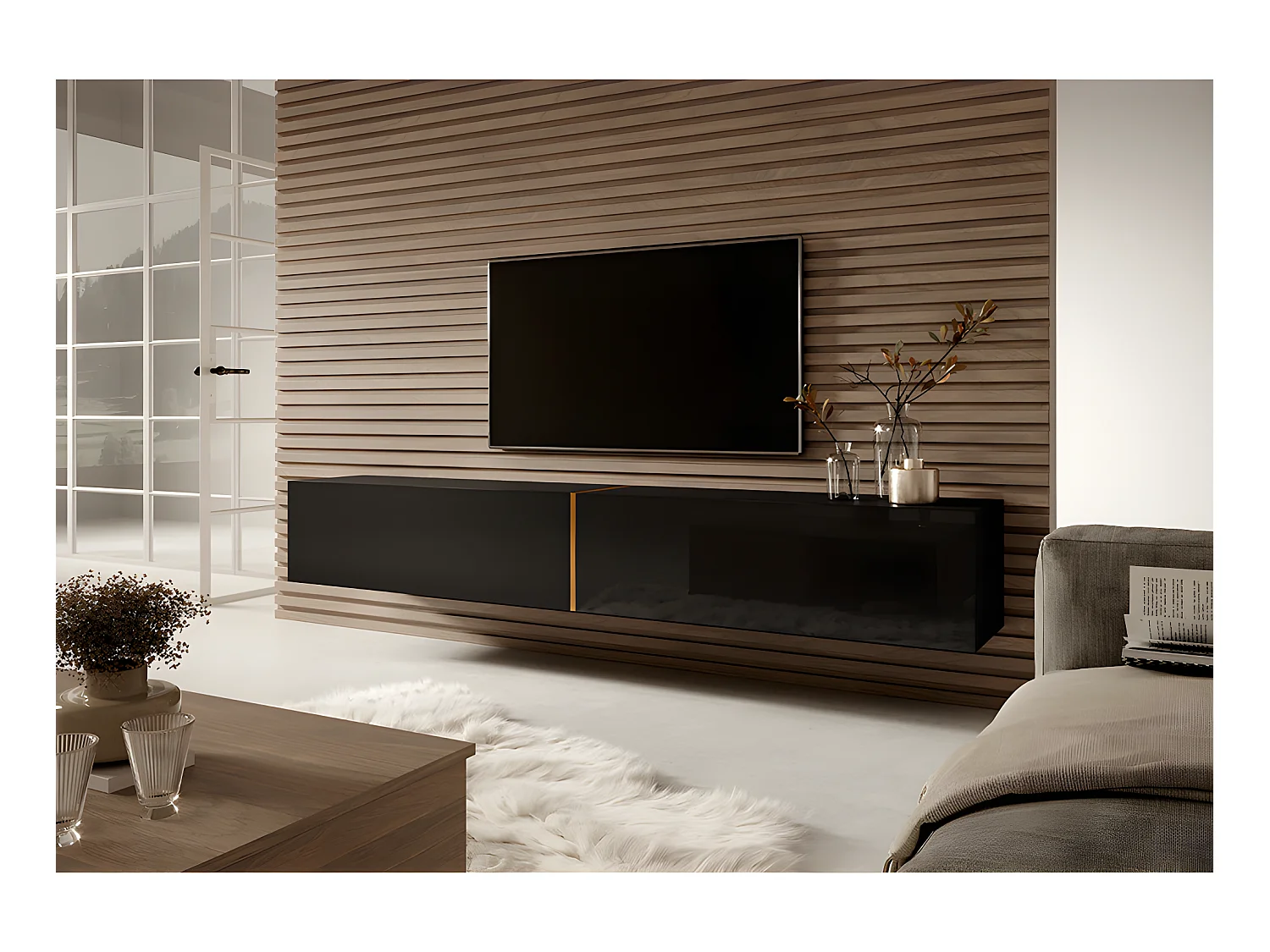 TV-Lowboard TV-Möbel hängend - 200 cm (Schwarz mit goldenem Einsatz) - Bisira