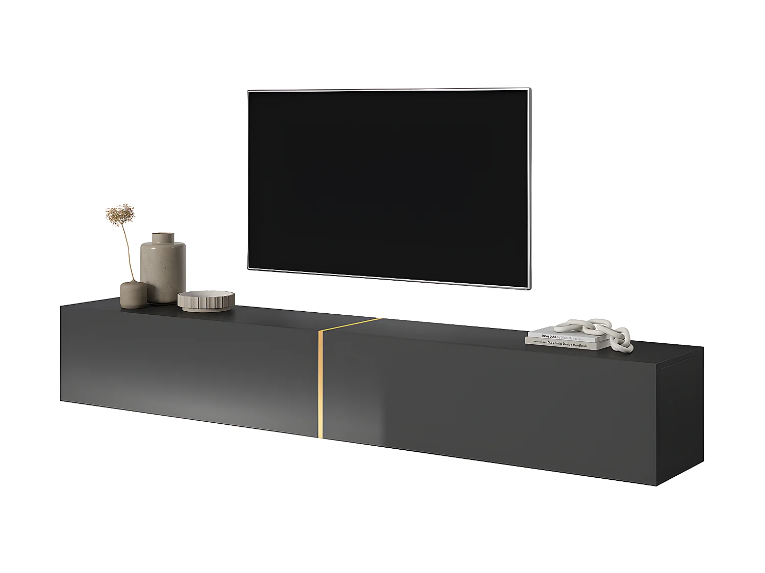 TV-Lowboard TV-Möbel hängend - 200 cm (Schwarz mit goldenem Einsatz) - Bisira
