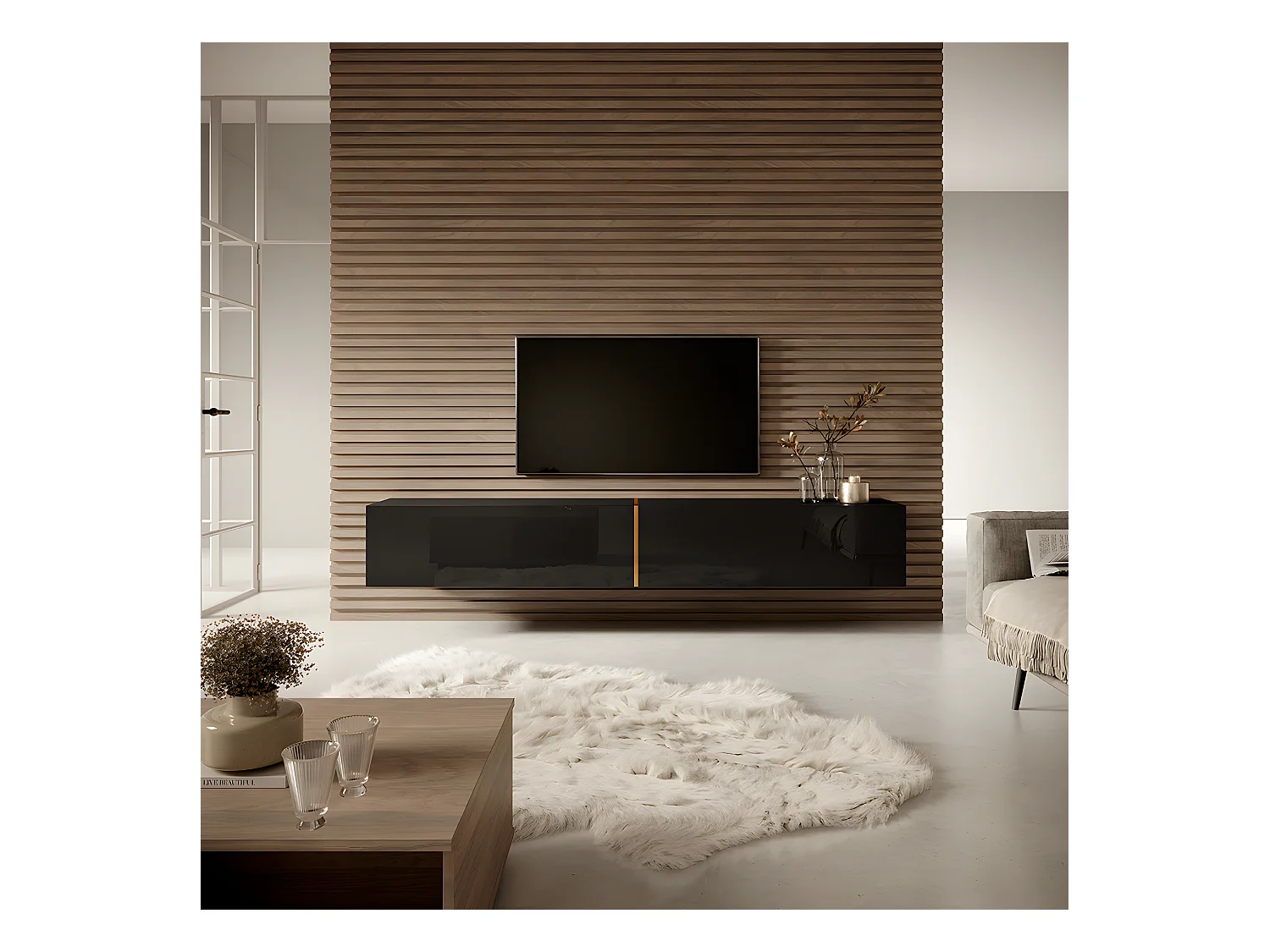 Meuble TV 200 cm - noir avec insert doré - BISIRA