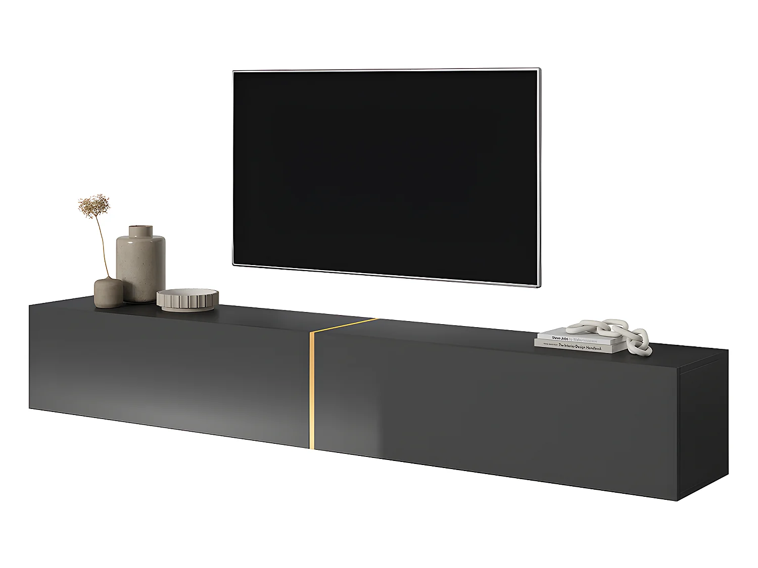 TV-meubel 200 cm - zwart met gouden inzetstuk - BISIRA