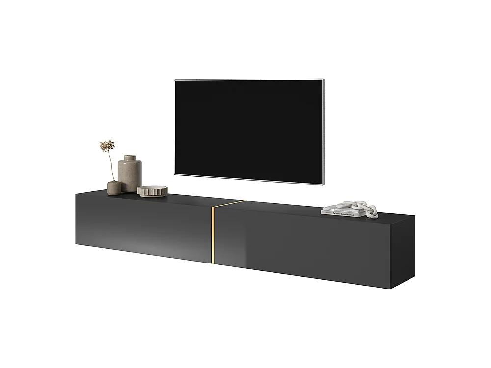 Meuble TV 200 cm - noir avec insert doré - BISIRA