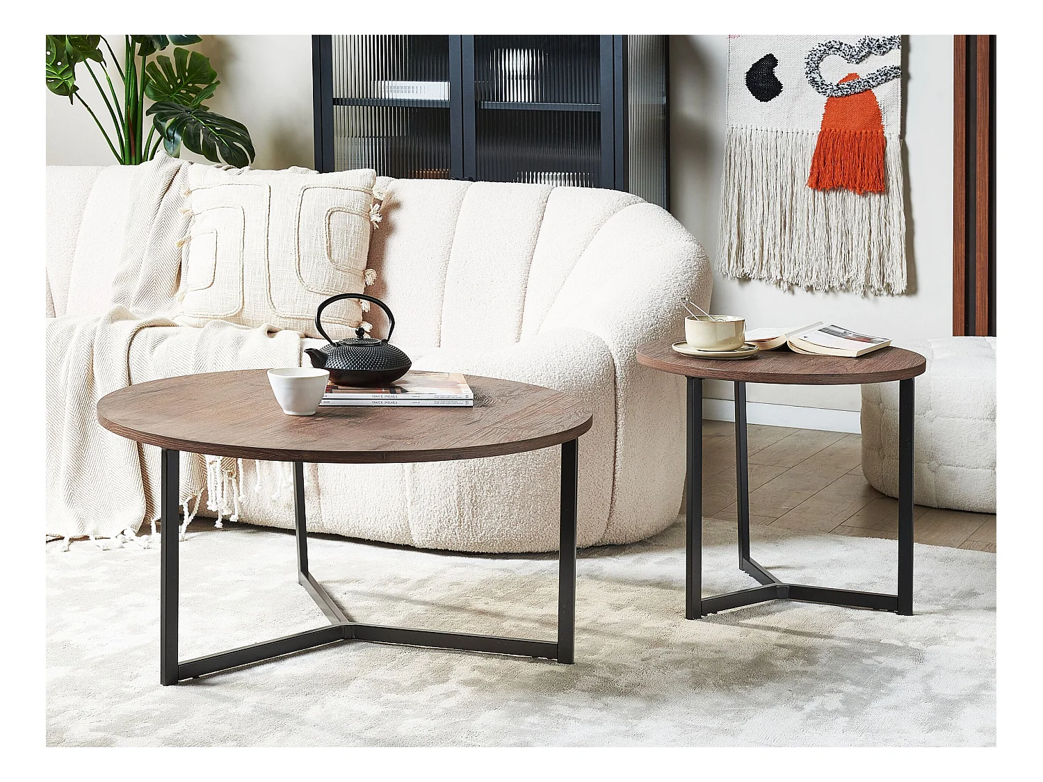 Couchtisch 2er Set dunkler Holzfarbton mit schwarzen Metallbeinen Tippo