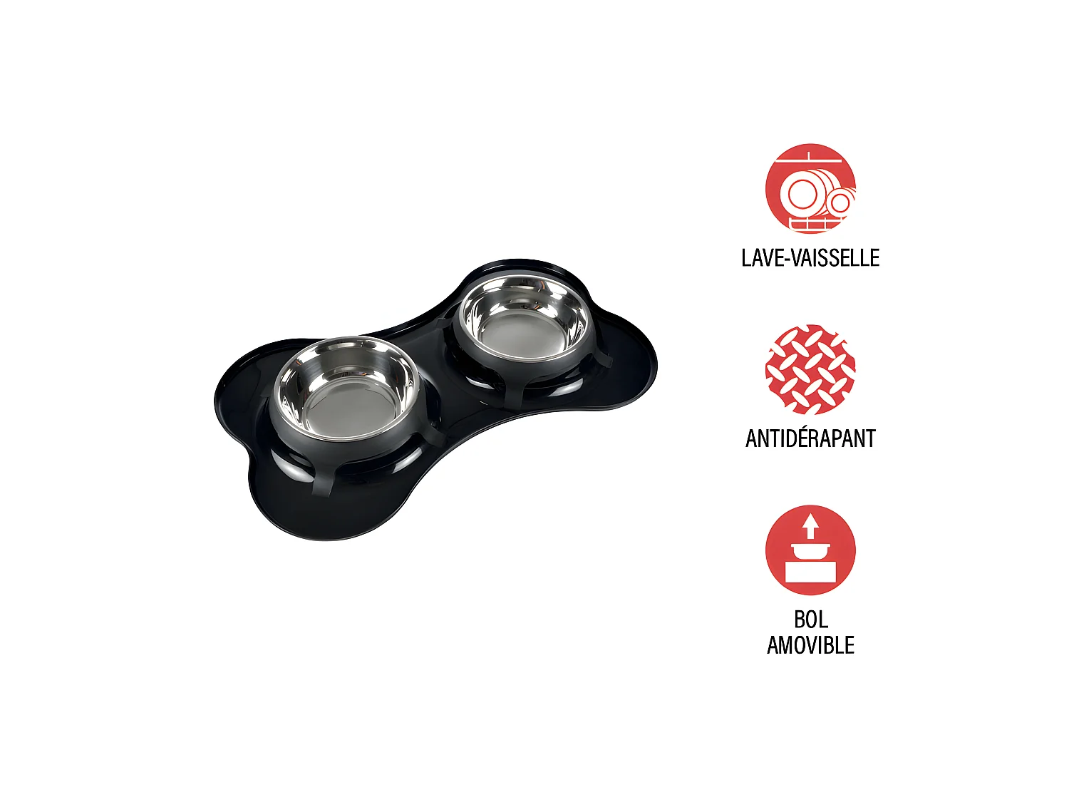 Gamelle Double pour Chien "Forme Os" 45cm Noir
