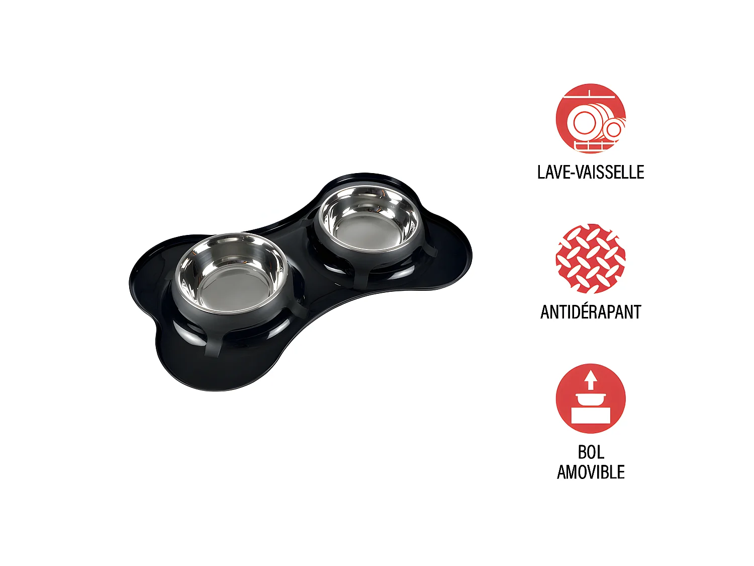 Gamelle Double pour Chien "Forme Os" 45cm Noir