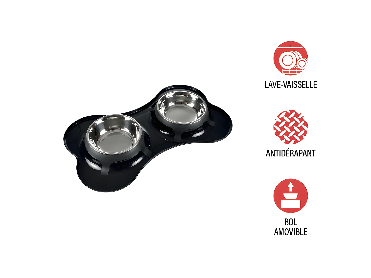 Gamelle Double pour Chien "Forme Os" 45cm Noir
