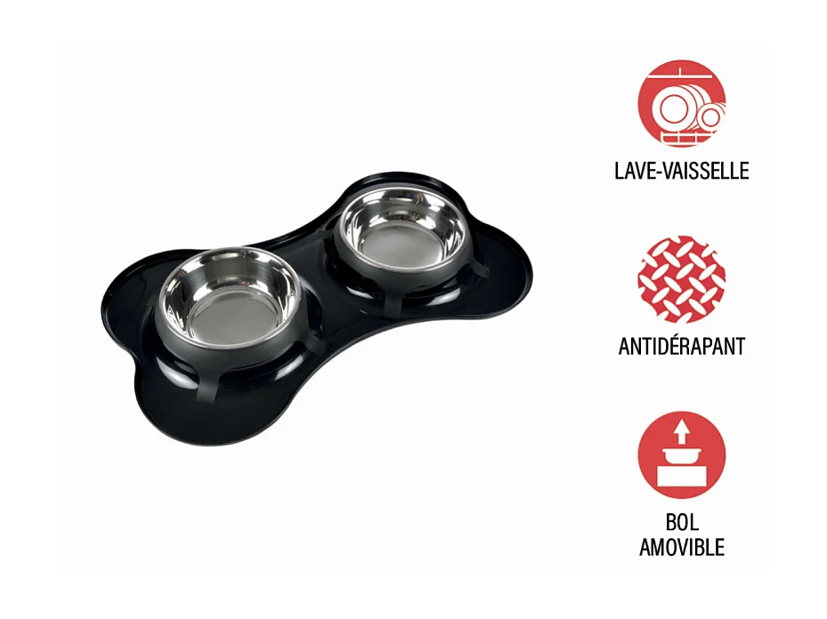 Gamelle Double pour Chien "Forme Os" 45cm Noir