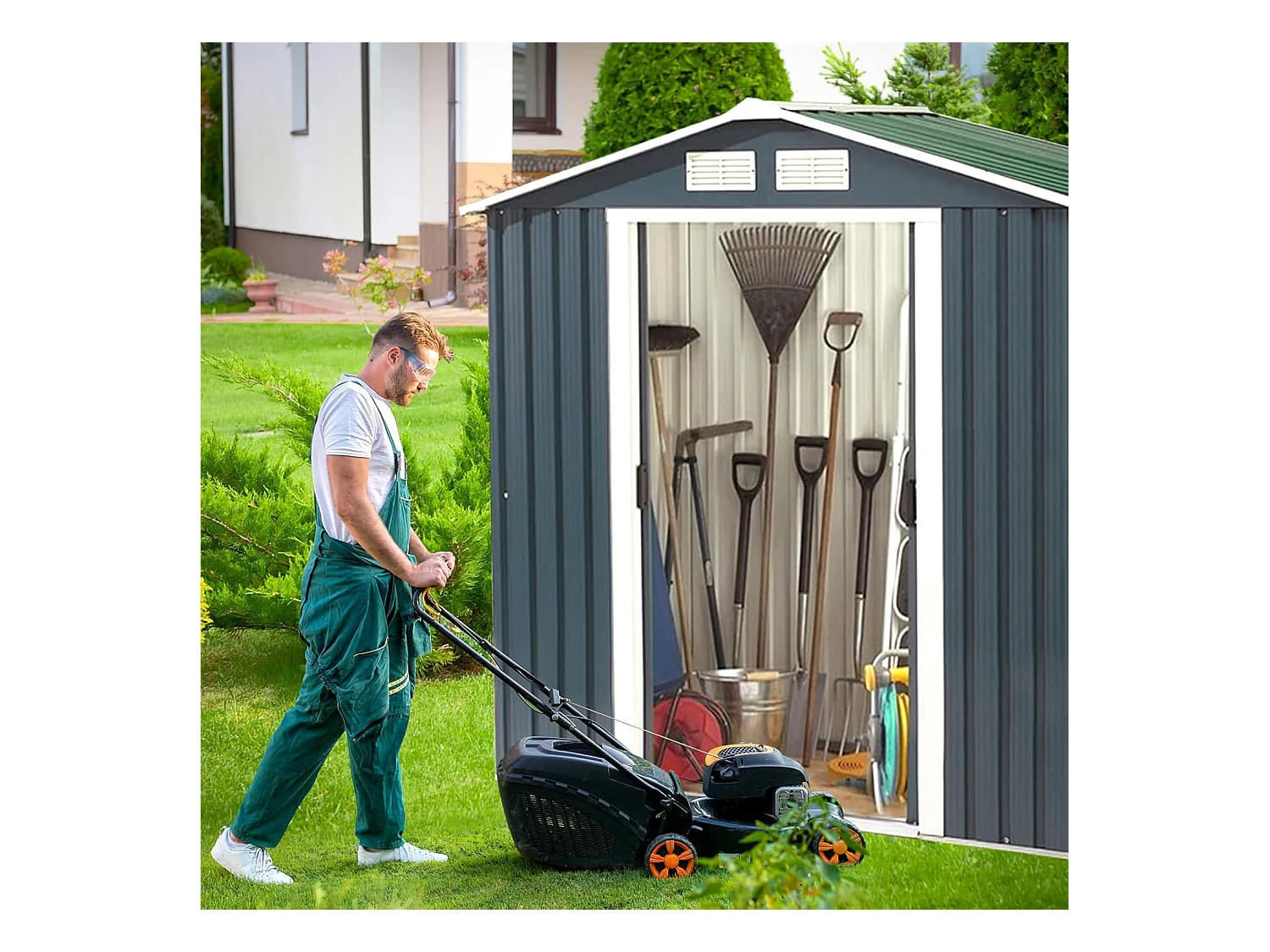 2,7㎡ Metalen tuinhuisje met schuin dak, tuinhuisje met 2 afsluitbare schuifdeuren, 2 ventilatiegaten, metalen fundering, tuinhuisje voor fiets, prullenbak, grijs