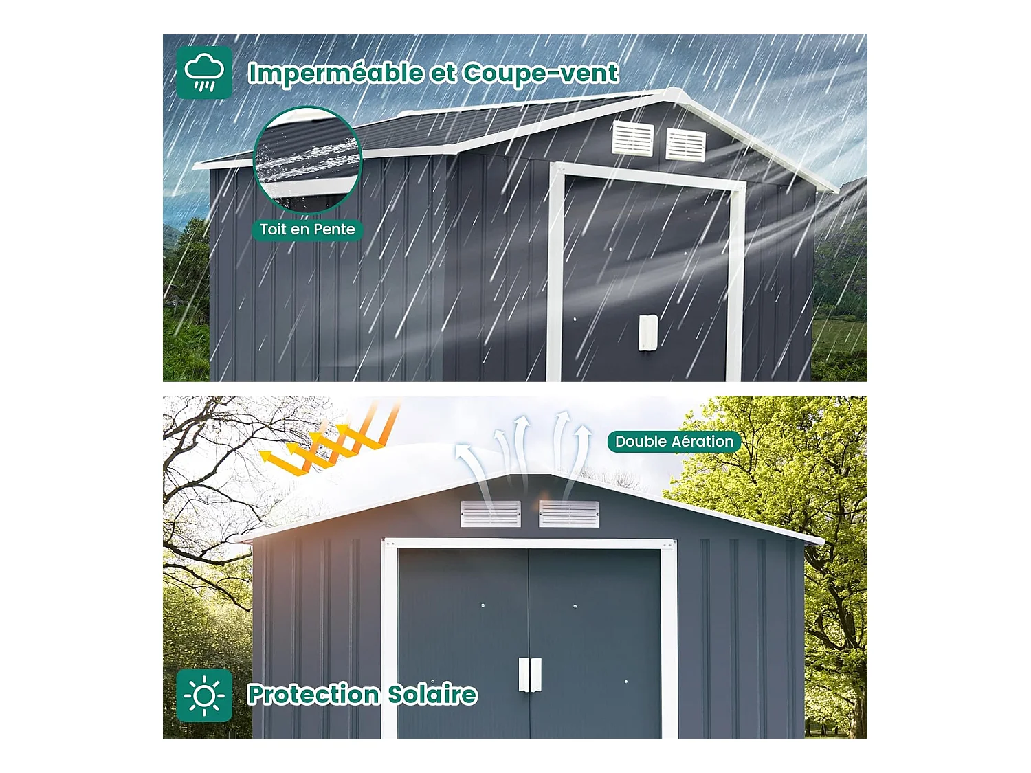 2,7㎡ Metalen tuinhuisje met schuin dak, tuinhuisje met 2 afsluitbare schuifdeuren, 2 ventilatiegaten, metalen fundering, tuinhuisje voor fiets, prullenbak, grijs