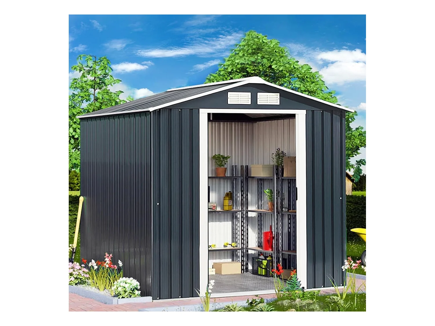 2,7㎡ Metalen tuinhuisje met schuin dak, tuinhuisje met 2 afsluitbare schuifdeuren, 2 ventilatiegaten, metalen fundering, tuinhuisje voor fiets, prullenbak, grijs