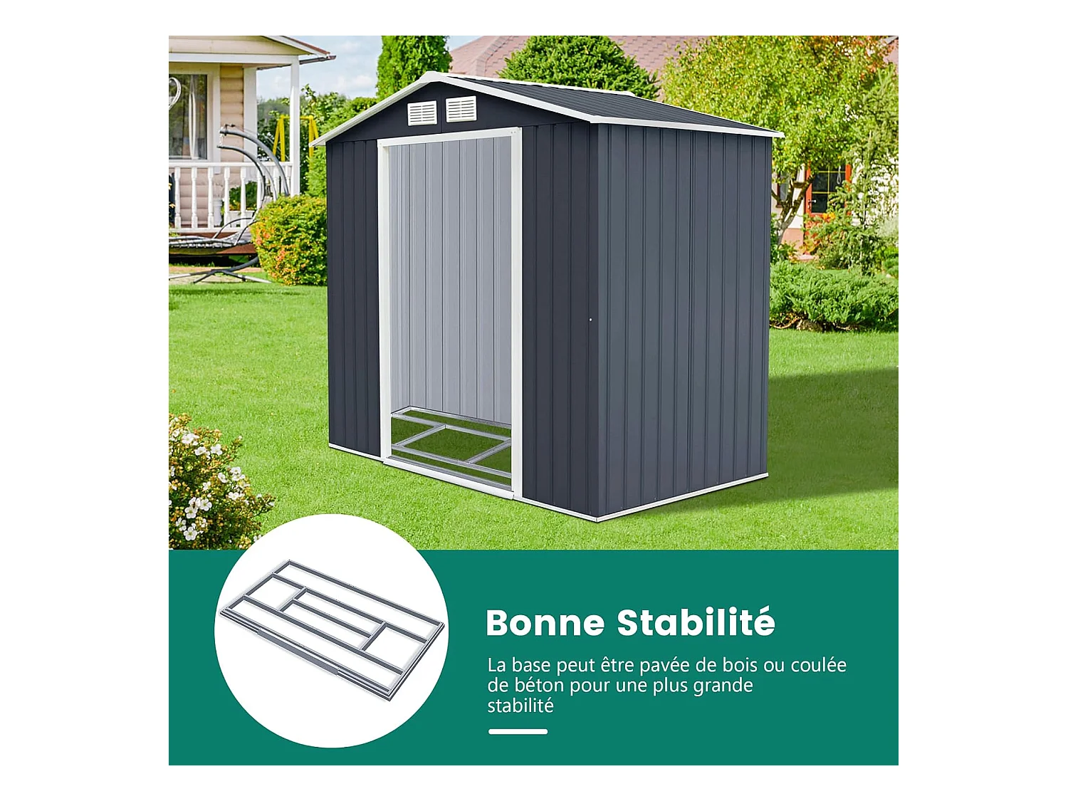 Abri de Jardin Métal 2.7㎡ Toit Incliné, Cabane de Jardin avec 2 Portes Coulissantes Verrouillables, 2 Trous d’Aération, Fondation en Métal, Abri Jardin pour Vélo, Poubelle, Gris