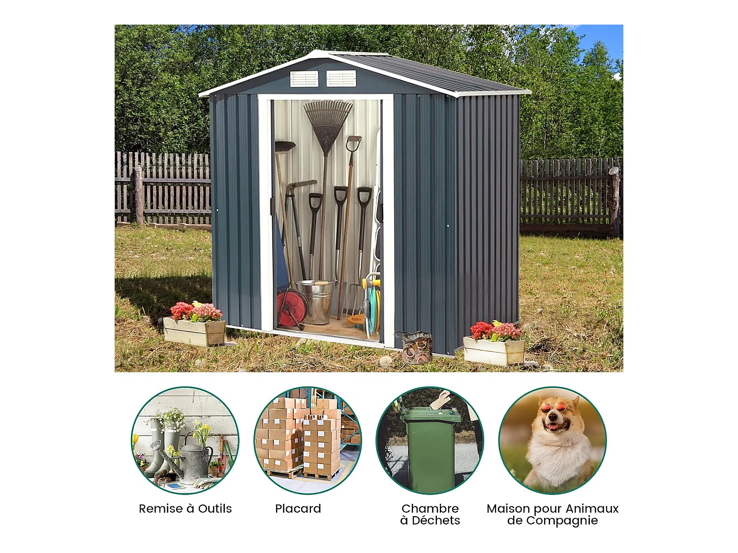 Abri de Jardin Métal 2.7㎡ Toit Incliné, Cabane de Jardin avec 2 Portes Coulissantes Verrouillables, 2 Trous d’Aération, Fondation en Métal, Abri Jardin pour Vélo, Poubelle, Gris