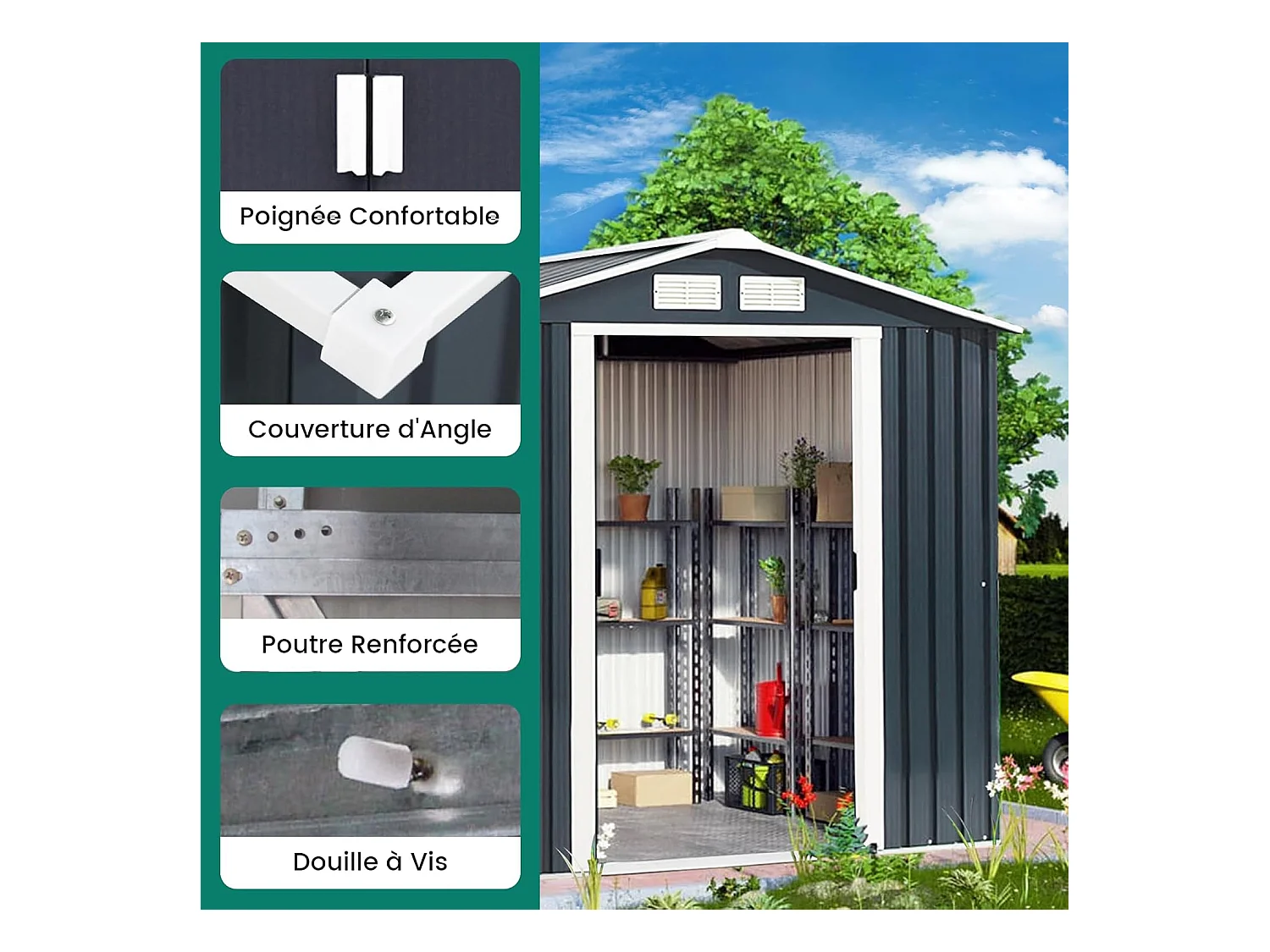 Abri de Jardin Métal 2.7㎡ Toit Incliné, Cabane de Jardin avec 2 Portes Coulissantes Verrouillables, 2 Trous d’Aération, Fondation en Métal, Abri Jardin pour Vélo, Poubelle, Gris