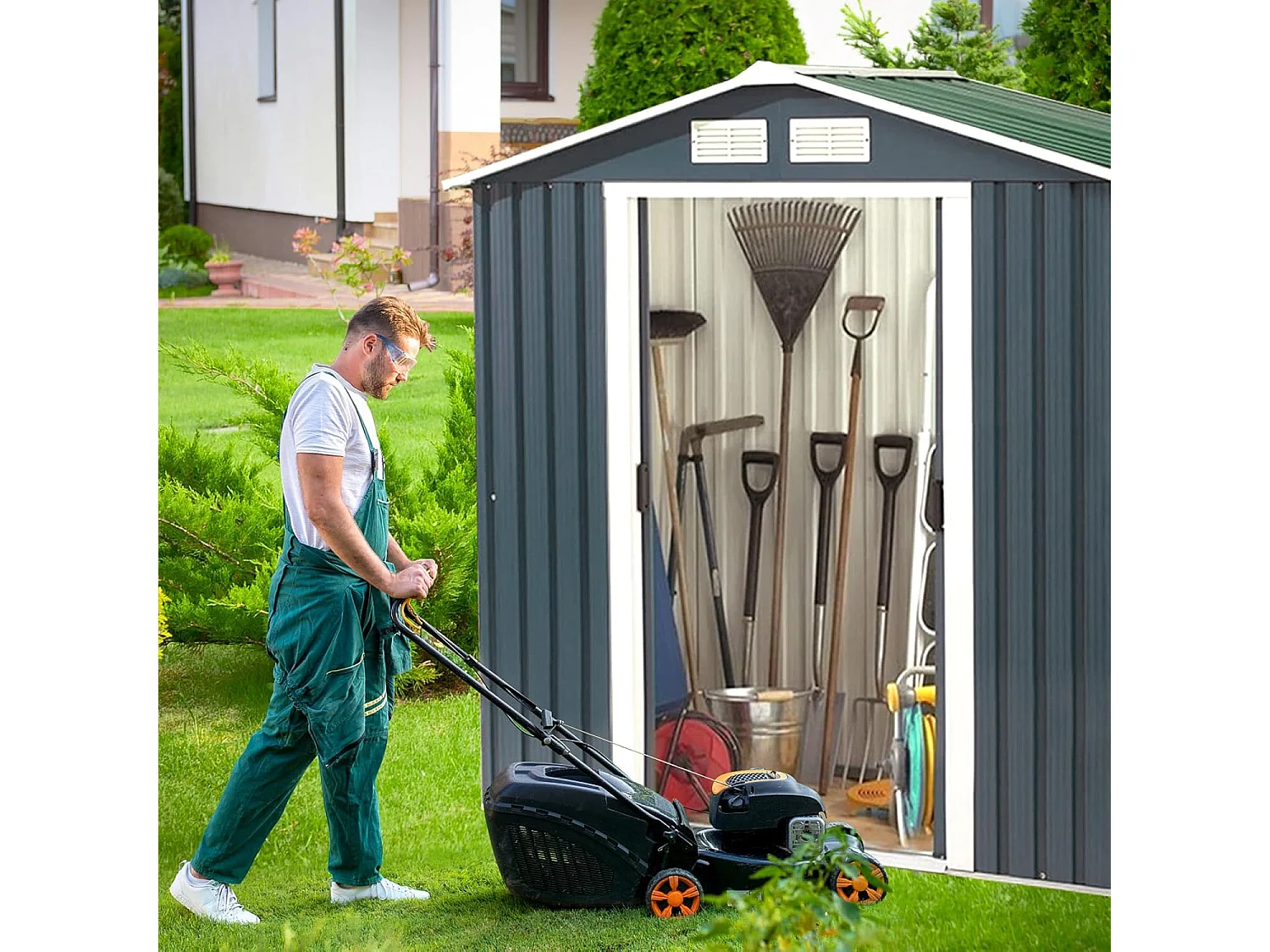 Abri de Jardin Métal 2.7㎡ Toit Incliné, Cabane de Jardin avec 2 Portes Coulissantes Verrouillables, 2 Trous d’Aération, Fondation en Métal, Abri Jardin pour Vélo, Poubelle, Gris