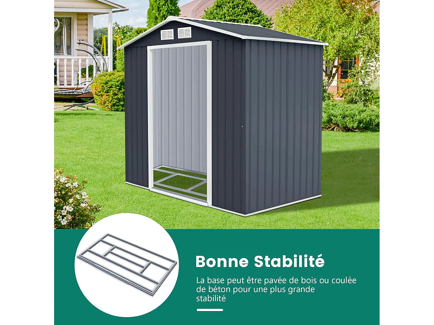 Abri de Jardin Métal 2.7㎡ Toit Incliné, Cabane de Jardin avec 2 Portes Coulissantes Verrouillables, 2 Trous d’Aération, Fondation en Métal, Abri Jardin pour Vélo, Poubelle, Gris