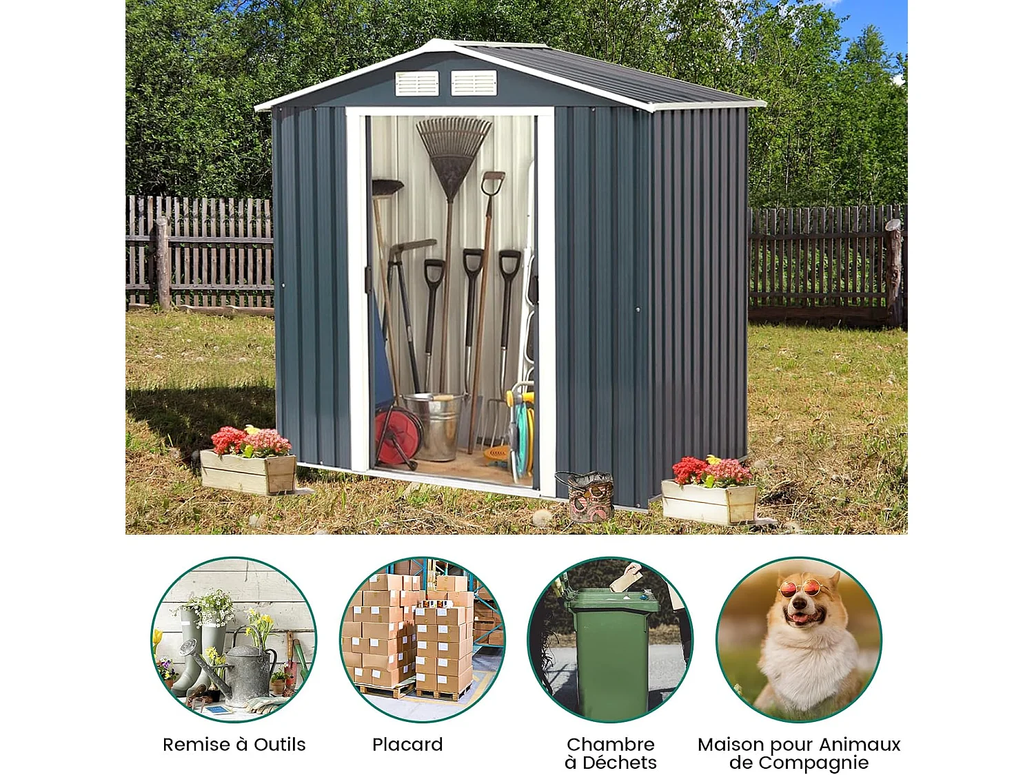 Abri de Jardin Métal 2.7㎡ Toit Incliné, Cabane de Jardin avec 2 Portes Coulissantes Verrouillables, 2 Trous d’Aération, Fondation en Métal, Abri Jardin pour Vélo, Poubelle, Gris