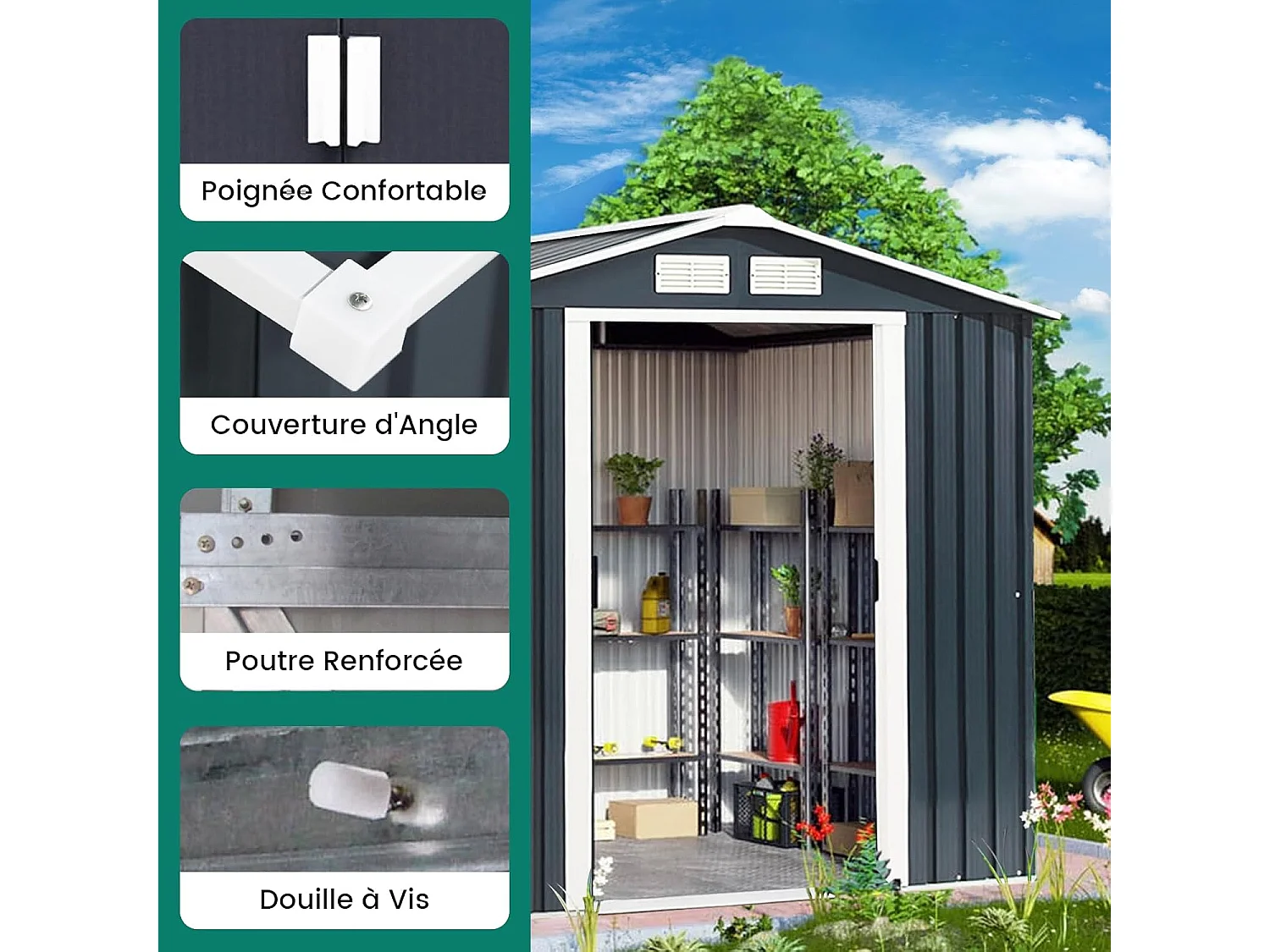 Abri de Jardin Métal 2.7㎡ Toit Incliné, Cabane de Jardin avec 2 Portes Coulissantes Verrouillables, 2 Trous d’Aération, Fondation en Métal, Abri Jardin pour Vélo, Poubelle, Gris