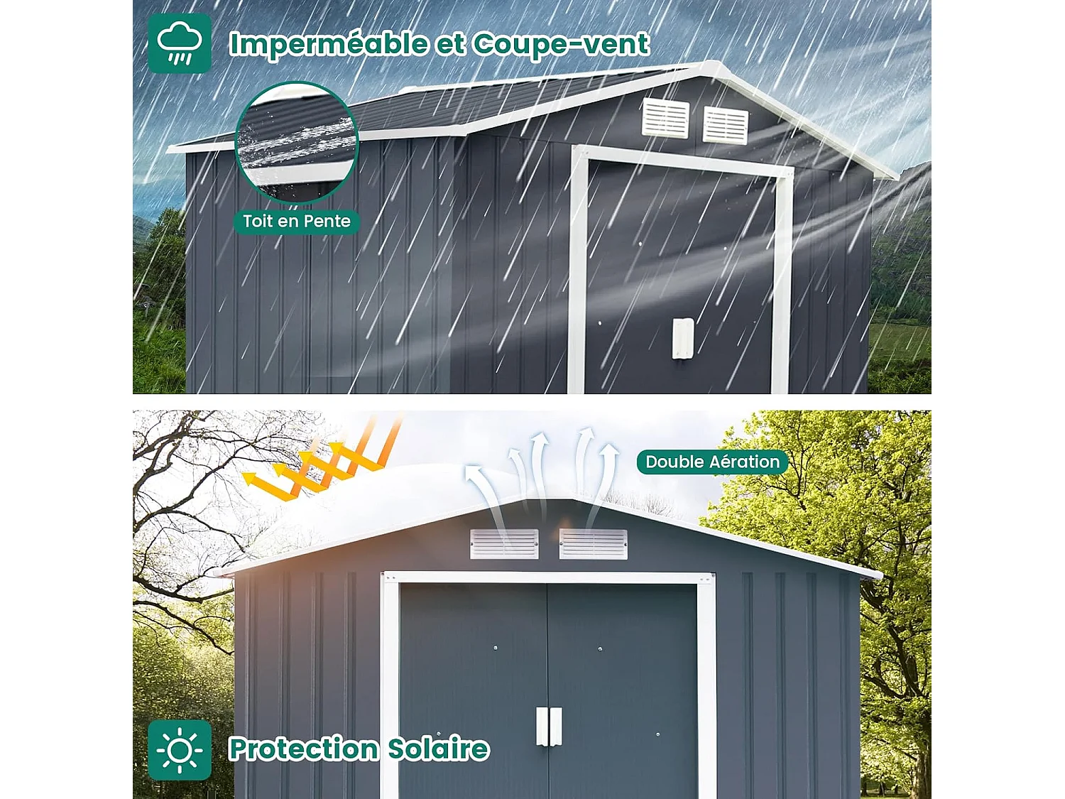 Abri de Jardin Métal 2.7㎡ Toit Incliné, Cabane de Jardin avec 2 Portes Coulissantes Verrouillables, 2 Trous d’Aération, Fondation en Métal, Abri Jardin pour Vélo, Poubelle, Gris