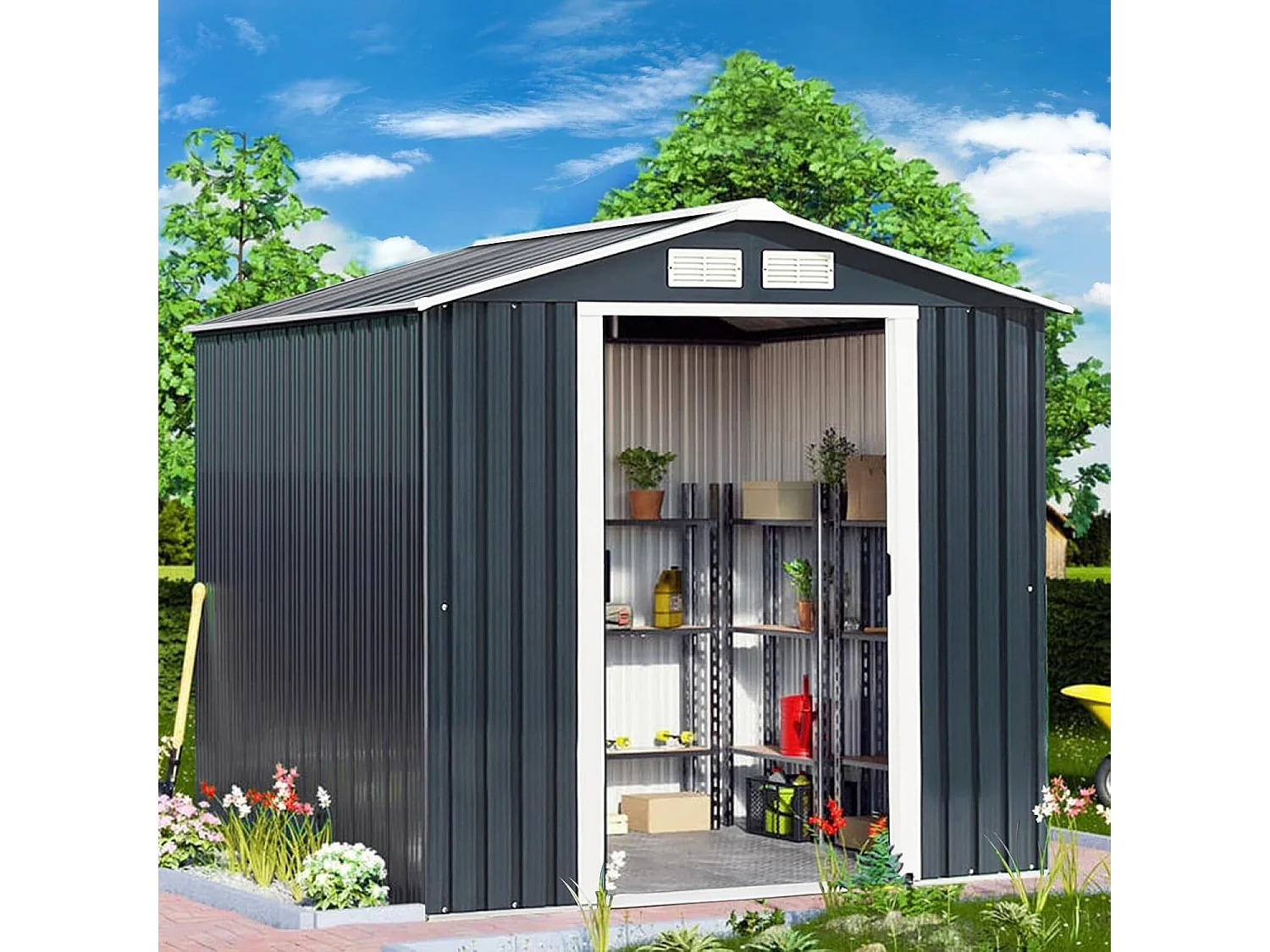 Abri de Jardin Métal 2.7㎡ Toit Incliné, Cabane de Jardin avec 2 Portes Coulissantes Verrouillables, 2 Trous d’Aération, Fondation en Métal, Abri Jardin pour Vélo, Poubelle, Gris