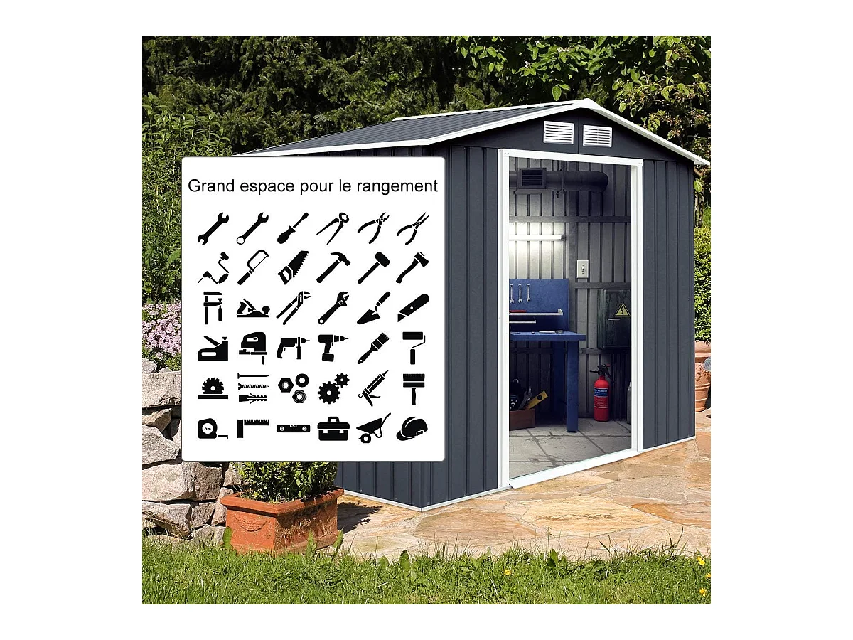 Abri de Jardin en Métal 5.3㎡ avec Cadre de Fondation, Cabane de Jardin avec Porte Coulissante-277 x 191 x 192 cmGris