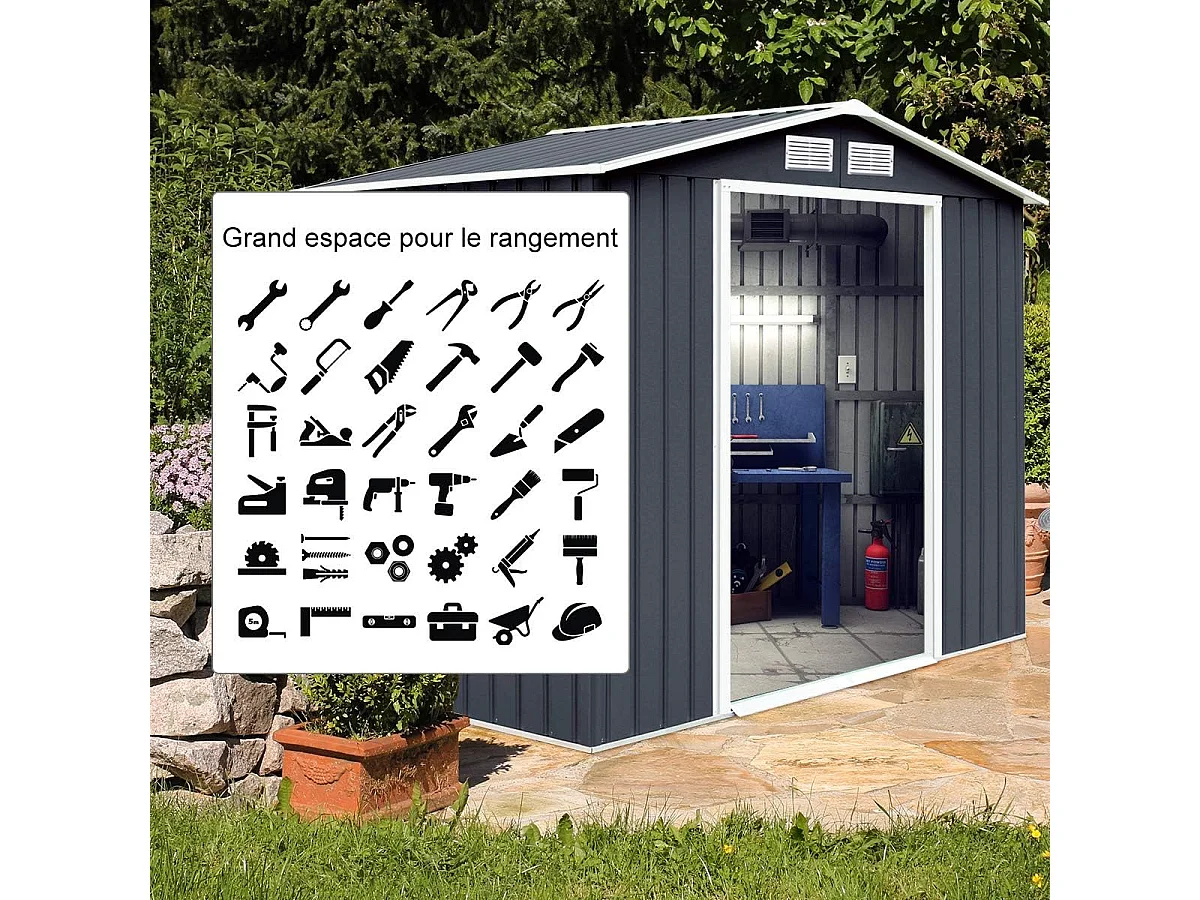 Abri de Jardin en Métal 5.3㎡ avec Cadre de Fondation, Cabane de Jardin avec Porte Coulissante-277 x 191 x 192 cmGris