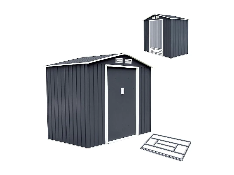 Abri de Jardin en Métal 5.3㎡ avec Cadre de Fondation, Cabane de Jardin avec Porte Coulissante-277 x 191 x 192 cmGris