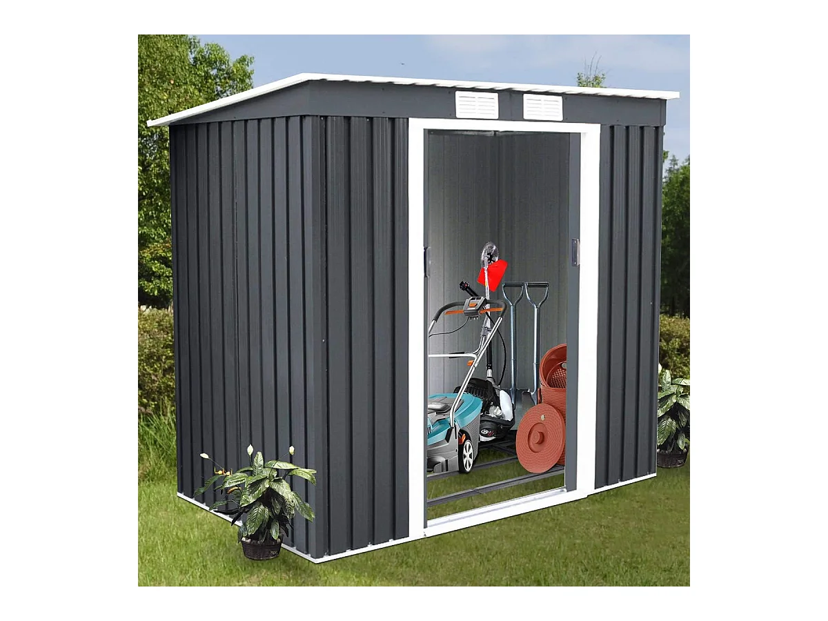 Abri de Jardin en Métal 2,769 ㎡,  Toit en Pente avec Cadre de Fondation et Porte Coulissante, Abri Jardin Exterieur en Tôle Galvanisée à 2 Fenêtres de Ventilation 213 x 130 x 173 cm, Gris
