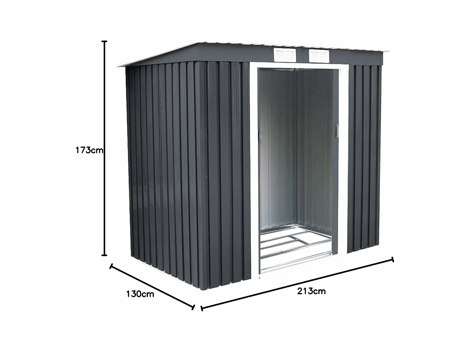 Abri de Jardin en Métal 2,769 ㎡,  Toit en Pente avec Cadre de Fondation et Porte Coulissante, Abri Jardin Exterieur en Tôle Galvanisée à 2 Fenêtres de Ventilation 213 x 130 x 173 cm, Gris