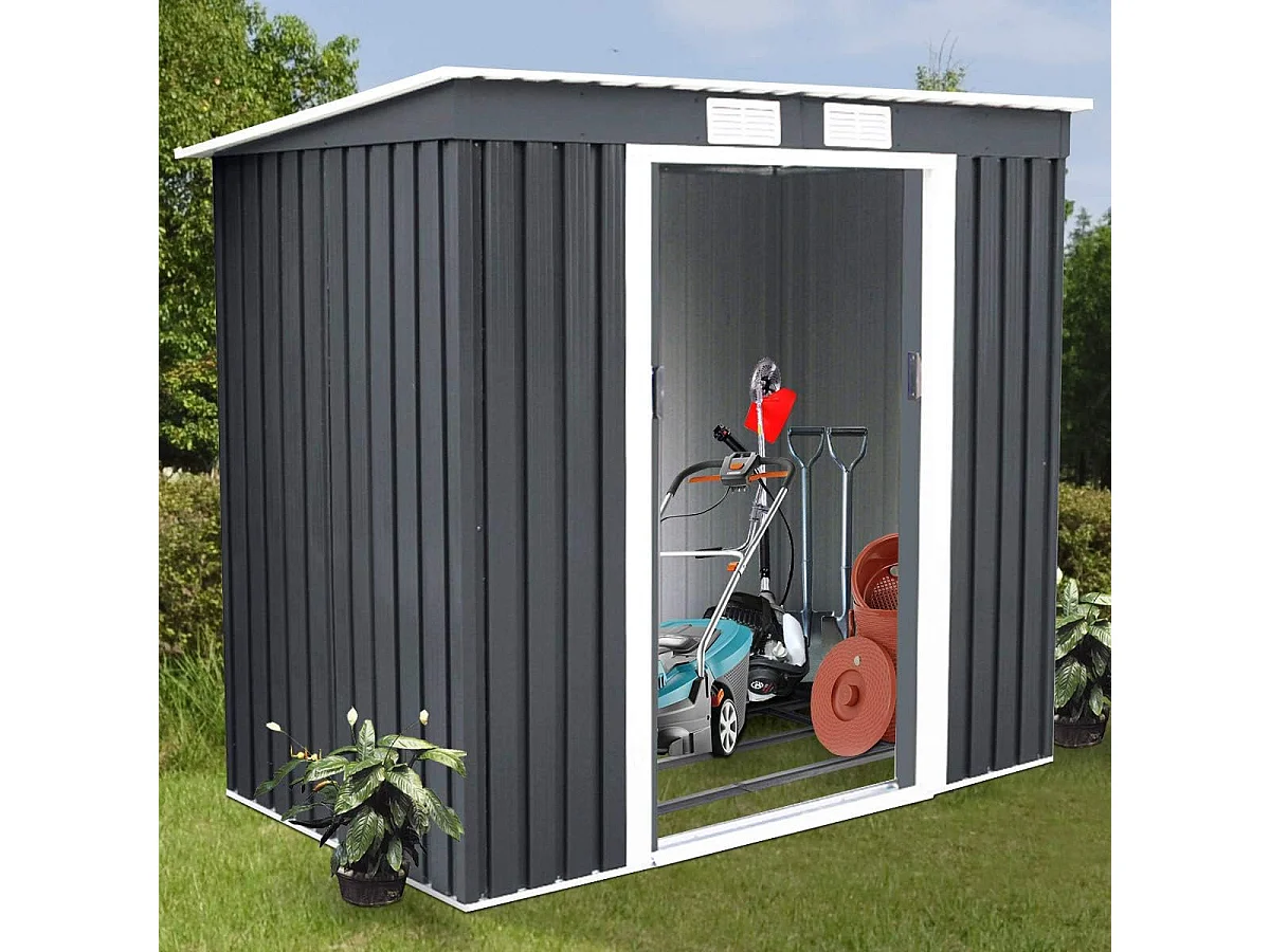 Abri de Jardin en Métal 2,769 ㎡,  Toit en Pente avec Cadre de Fondation et Porte Coulissante, Abri Jardin Exterieur en Tôle Galvanisée à 2 Fenêtres de Ventilation 213 x 130 x 173 cm, Gris
